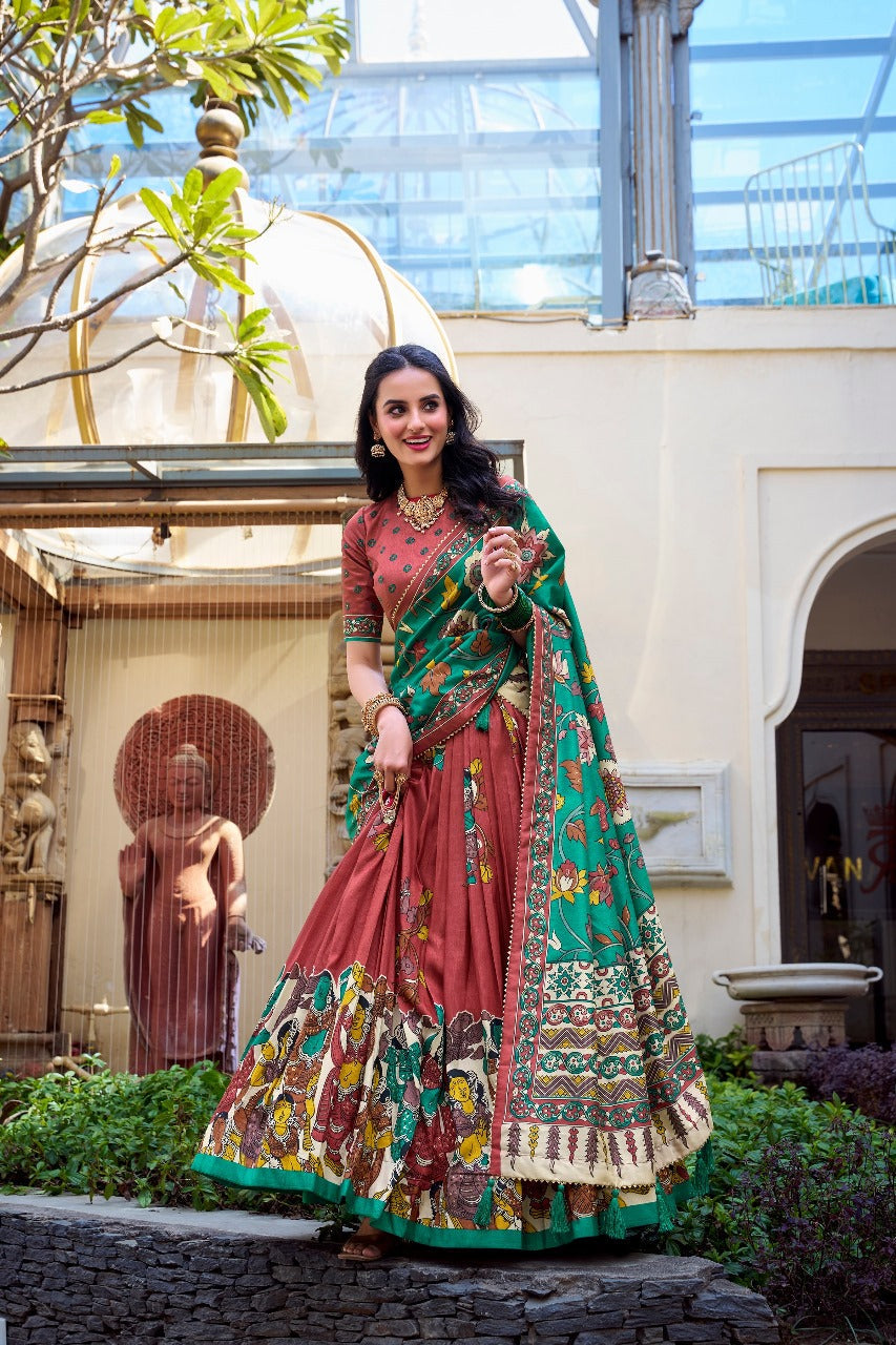 Mehndi Green Dola Silk Kalamkari Printed Lehenga Choli