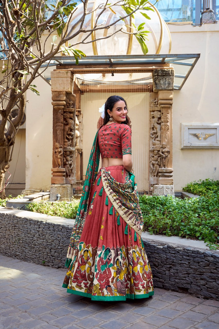 Mehndi Green Dola Silk Kalamkari Printed Lehenga Choli