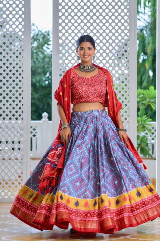 Sky Blue Designer Patola Navratri Lehenga Choli