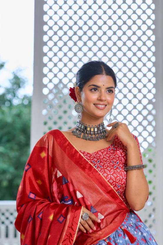 Sky Blue Designer Patola Navratri Lehenga Choli