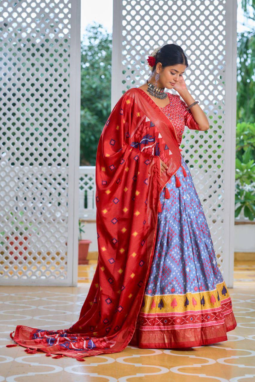 Sky Blue Designer Patola Navratri Lehenga Choli