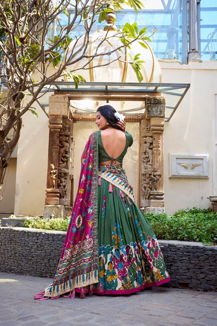 Green & Magenta Kalamkari Chaniya Choli by MG Trendz