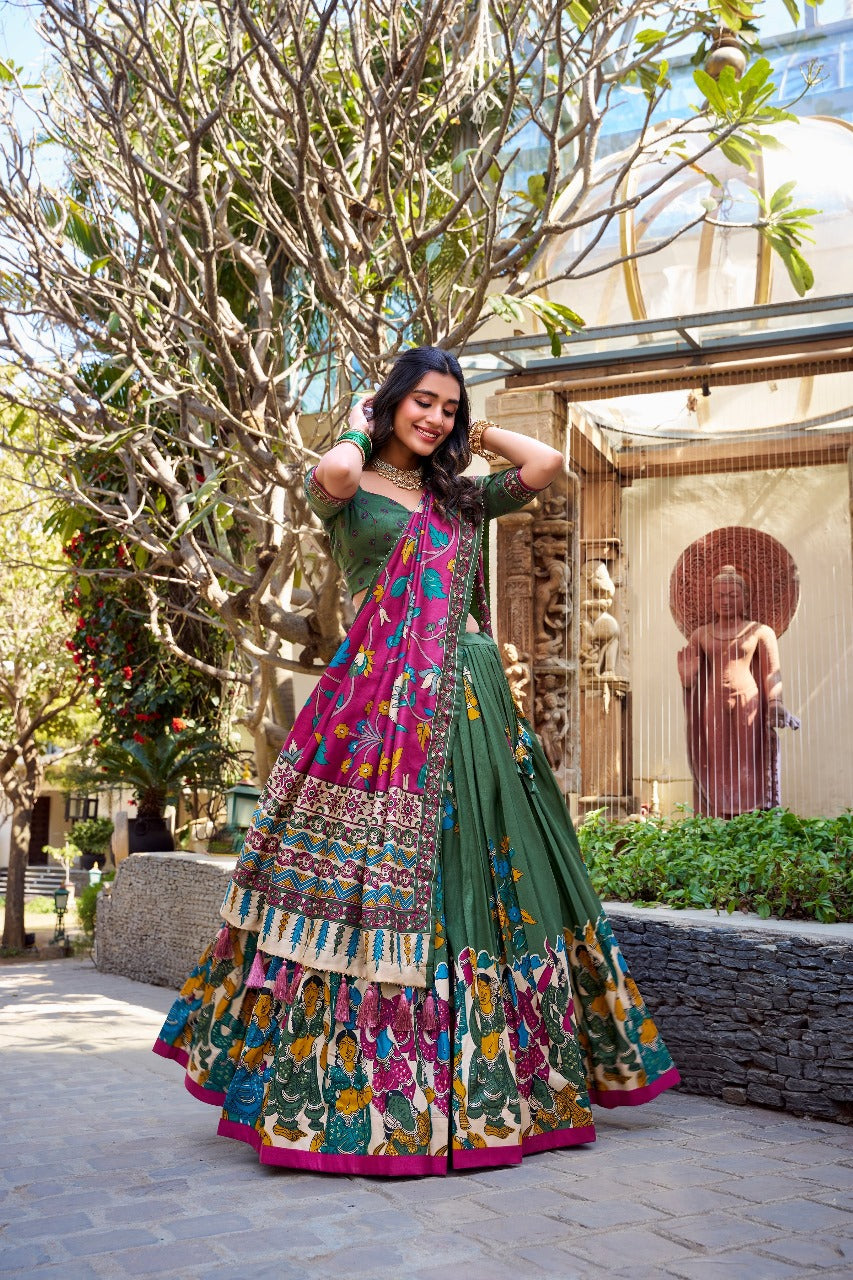 Green & Magenta Kalamkari Chaniya Choli by MG Trendz