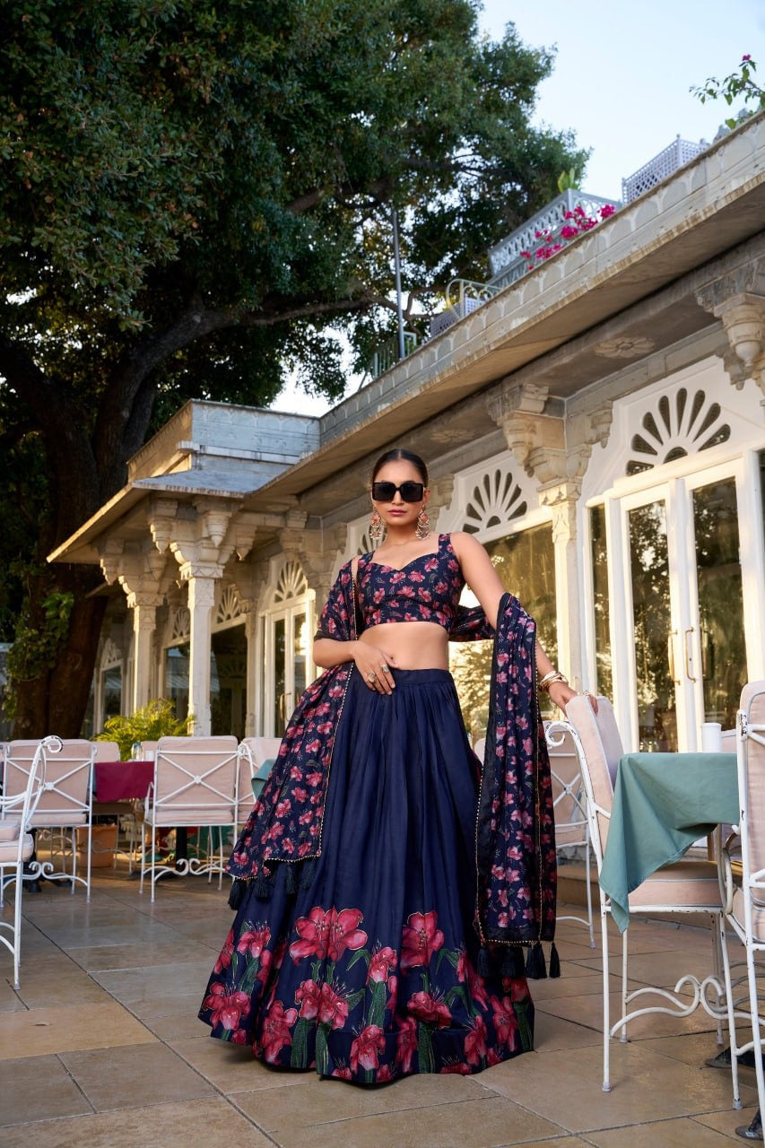 Navy Blue Floral Lehenga with Printed Dupatta