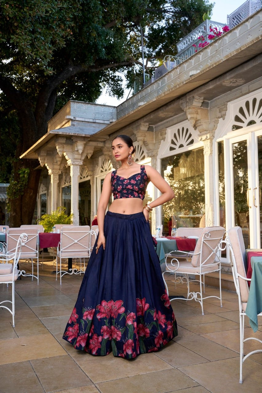 Navy Blue Floral Lehenga with Printed Dupatta