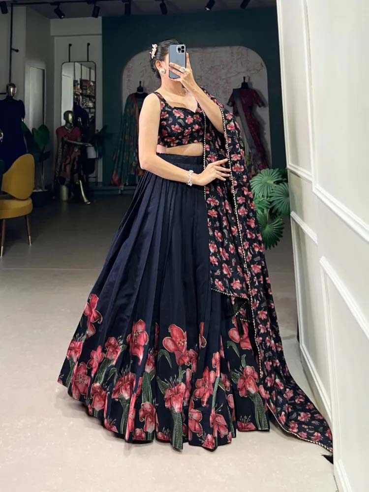 Navy Blue Floral Lehenga with Printed Dupatta