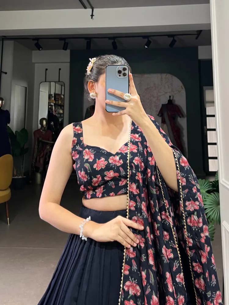 Navy Blue Floral Lehenga with Printed Dupatta