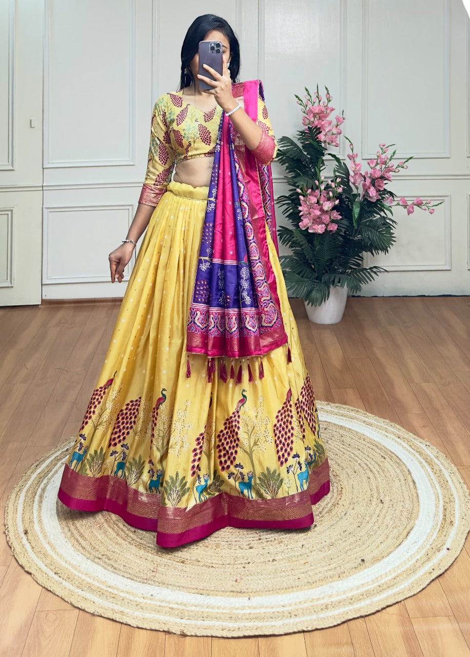 Peacock Print Mustard Dola Silk Lehenga Set