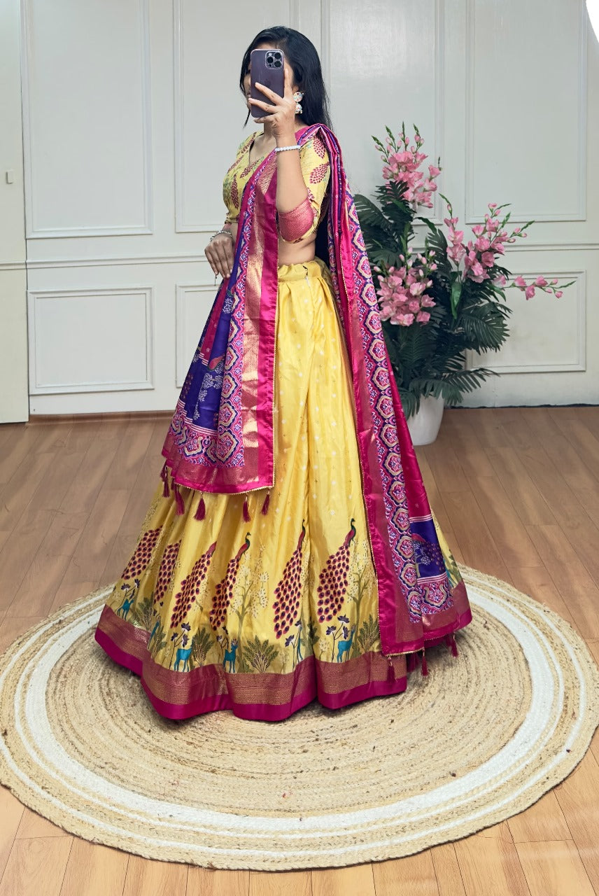 Peacock Print Mustard Dola Silk Lehenga Set