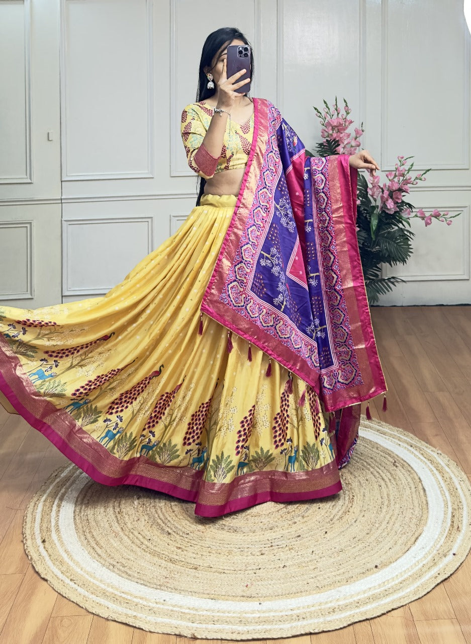 Peacock Print Mustard Dola Silk Lehenga Set