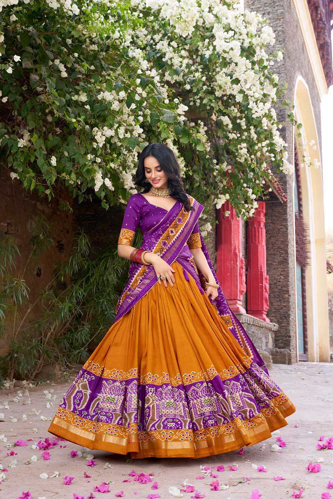 Mustard Purple Digital Print Navratri Lehenga Choli