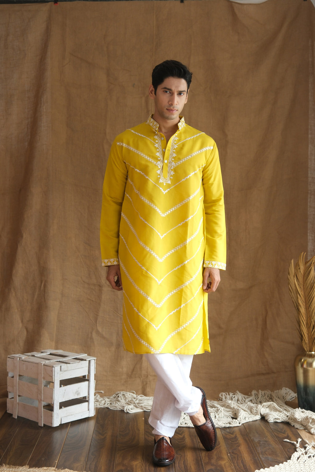 Men's Yellow Leheriya Embroidered Sequined Cotton Silk Kurta