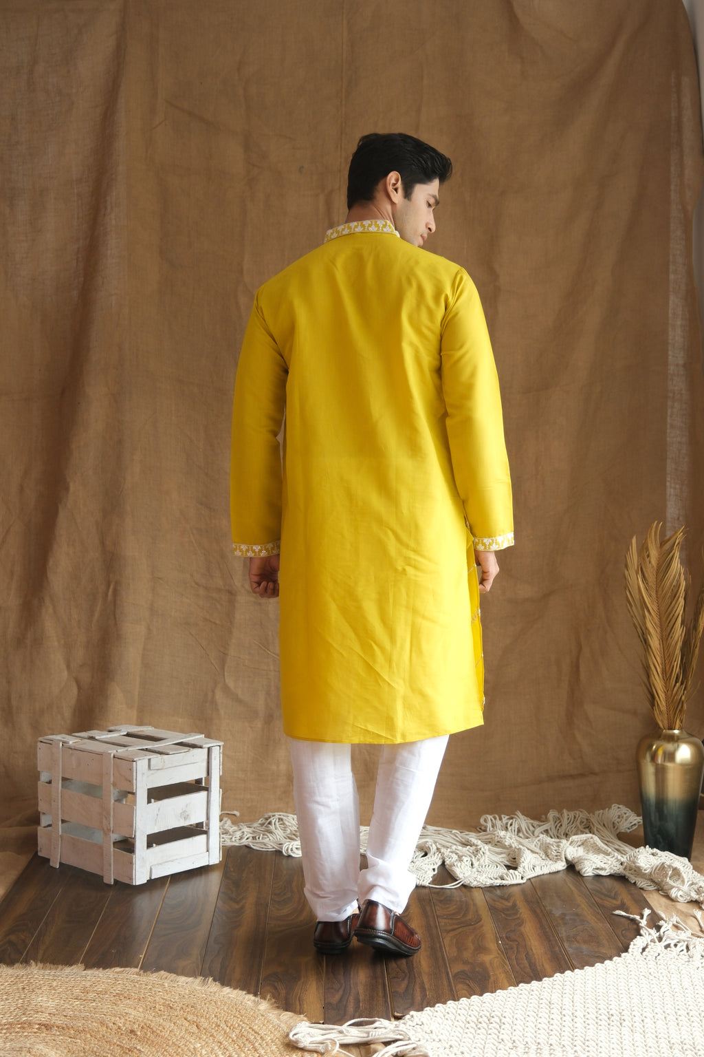 Men's Yellow Leheriya Embroidered Sequined Cotton Silk Kurta