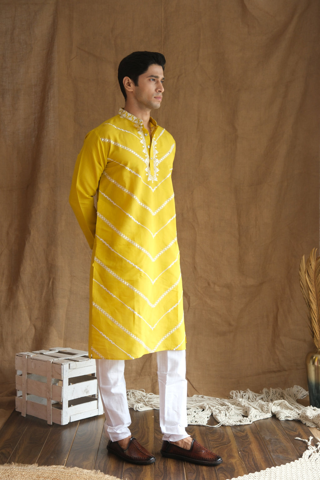 Men's Yellow Leheriya Embroidered Sequined Cotton Silk Kurta