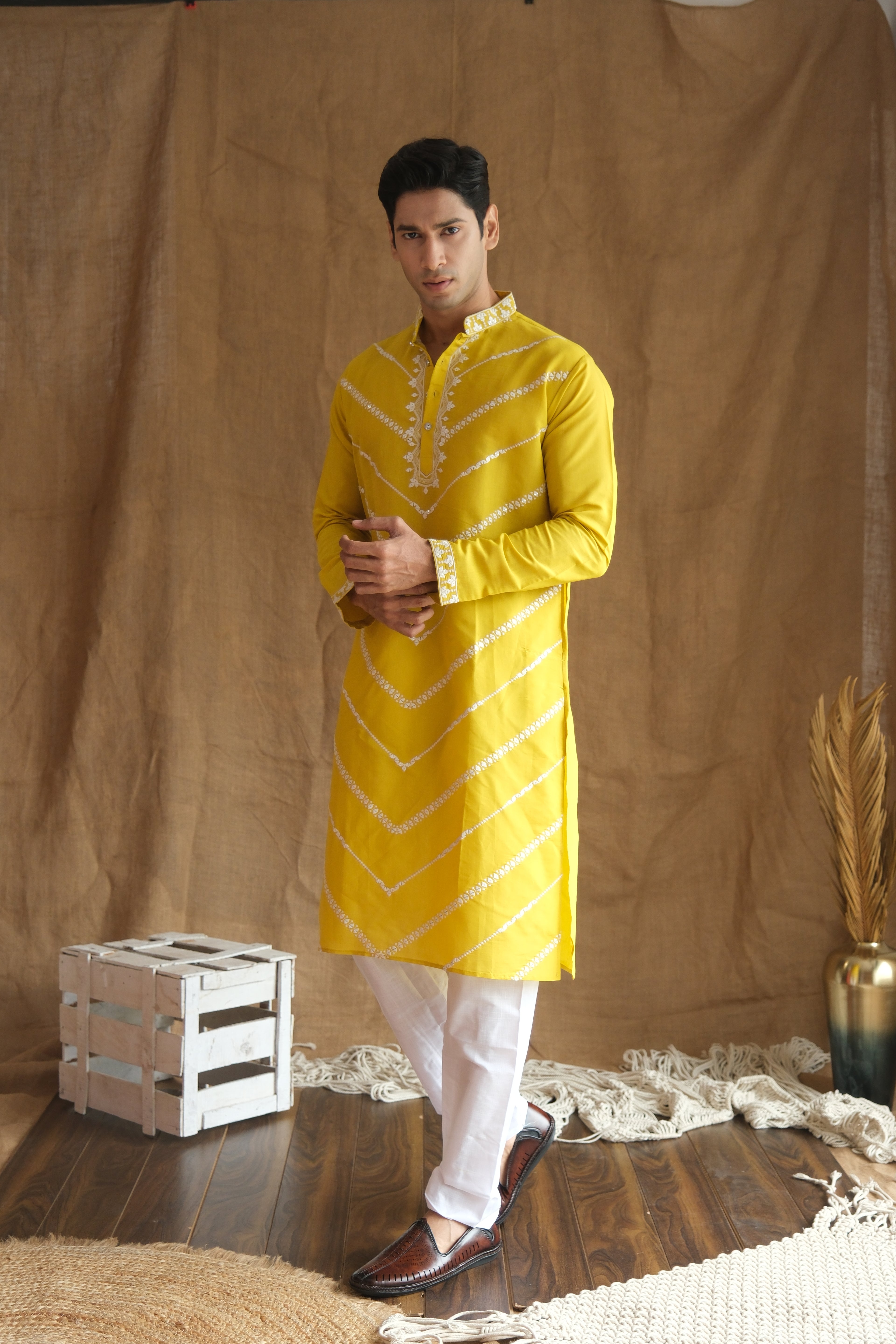 Men's Yellow Leheriya Embroidered Sequined Cotton Silk Kurta