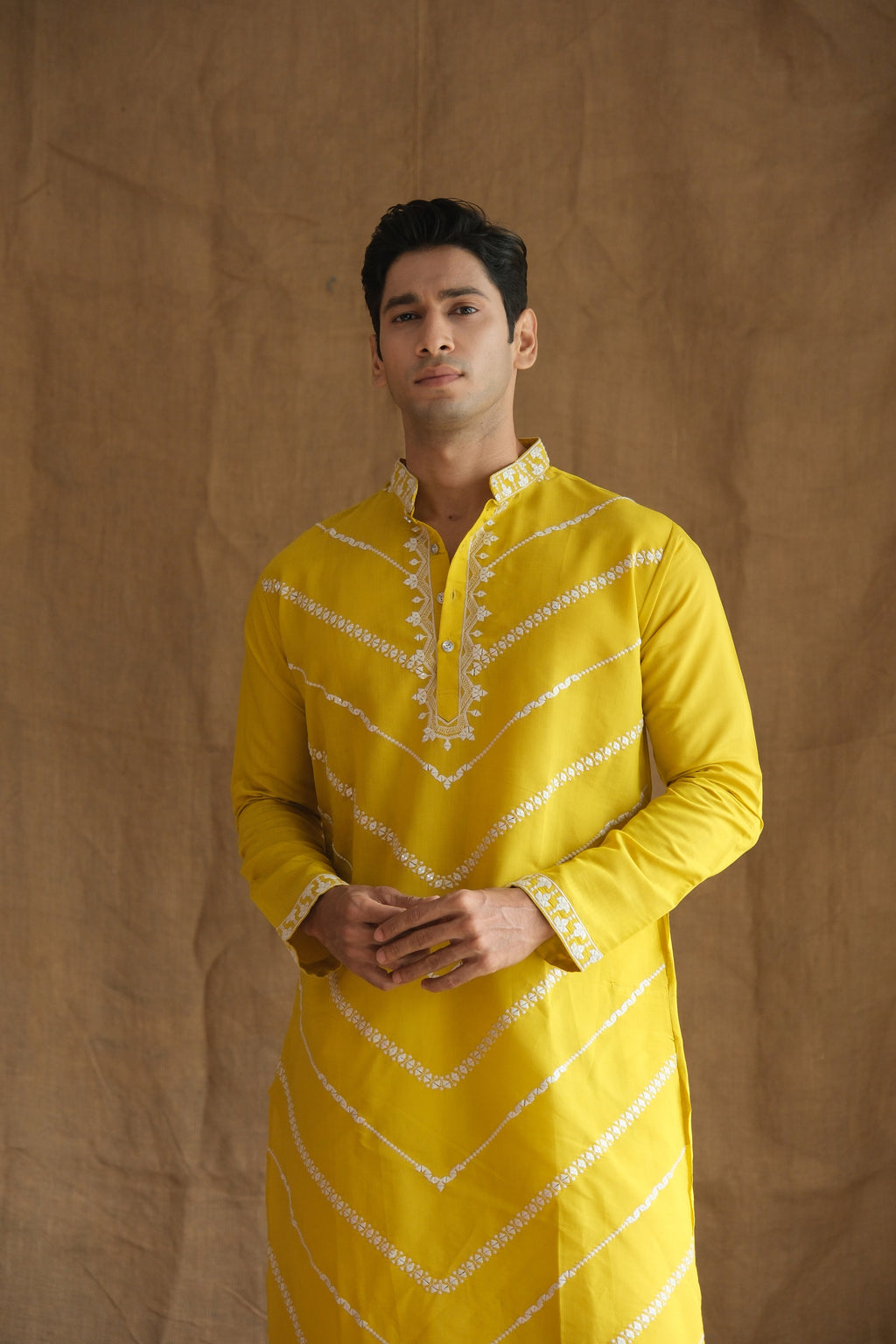 Men's Yellow Leheriya Embroidered Sequined Cotton Silk Kurta