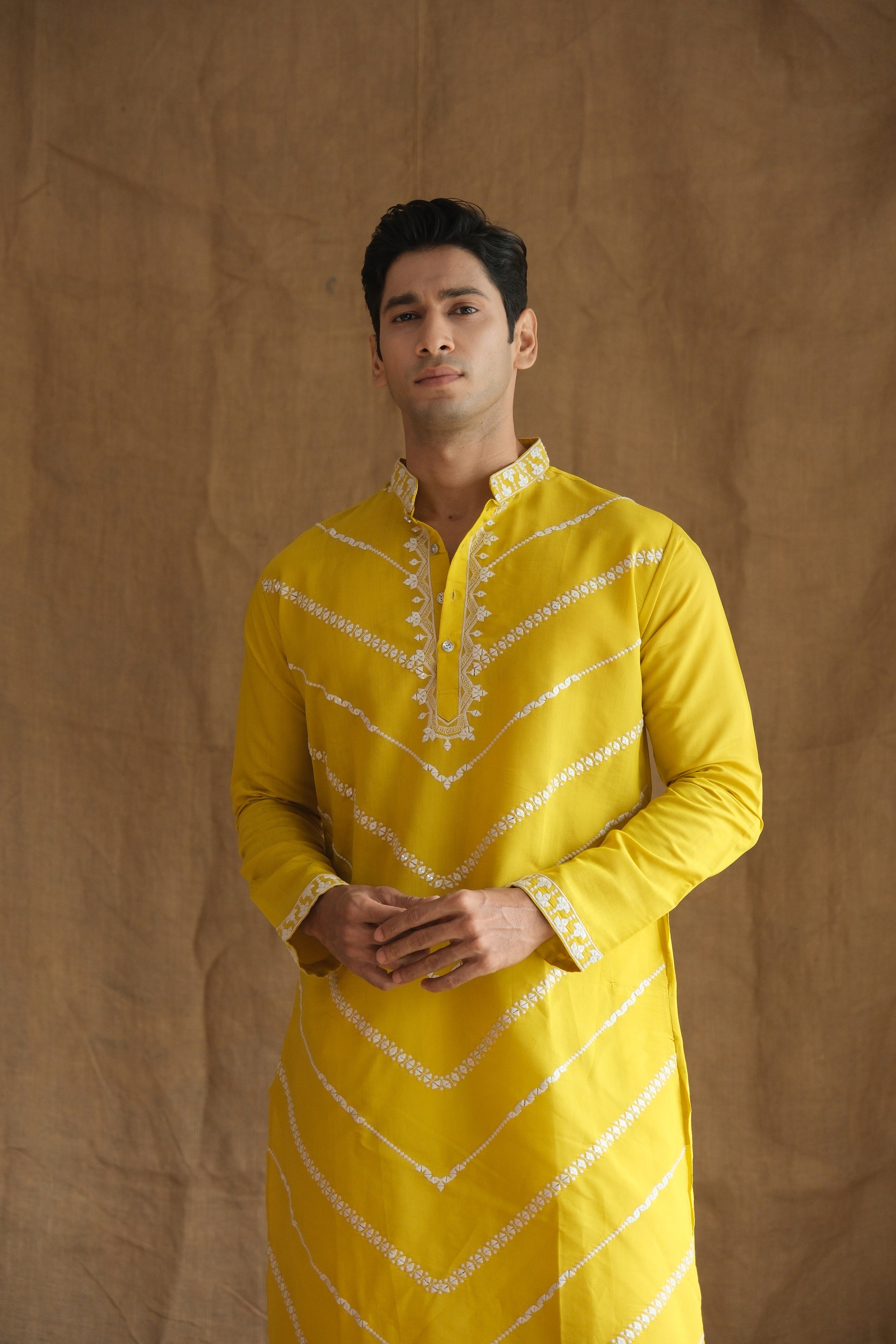 Men's Yellow Leheriya Embroidered Sequined Cotton Silk Kurta
