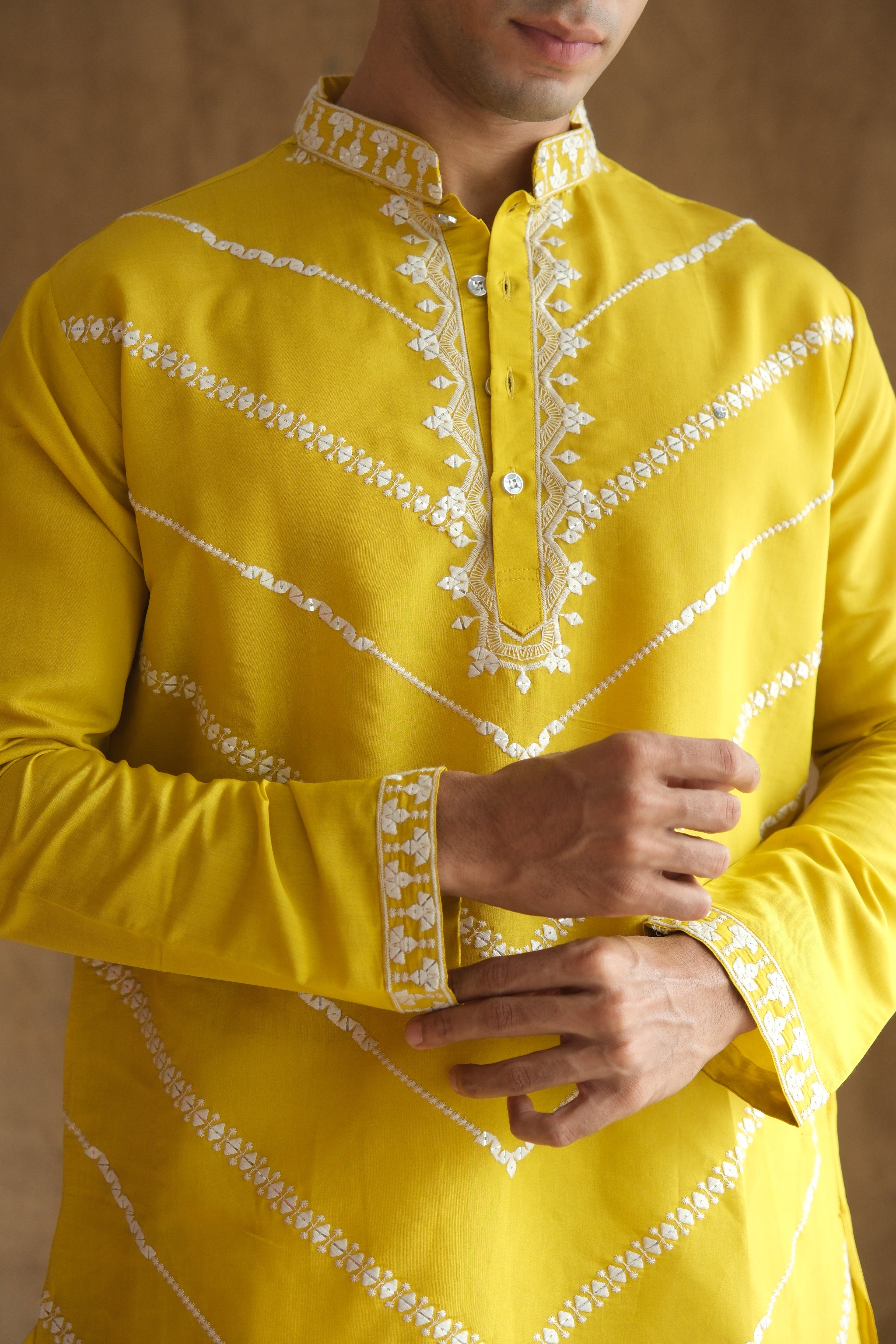 Men's Yellow Leheriya Embroidered Sequined Cotton Silk Kurta