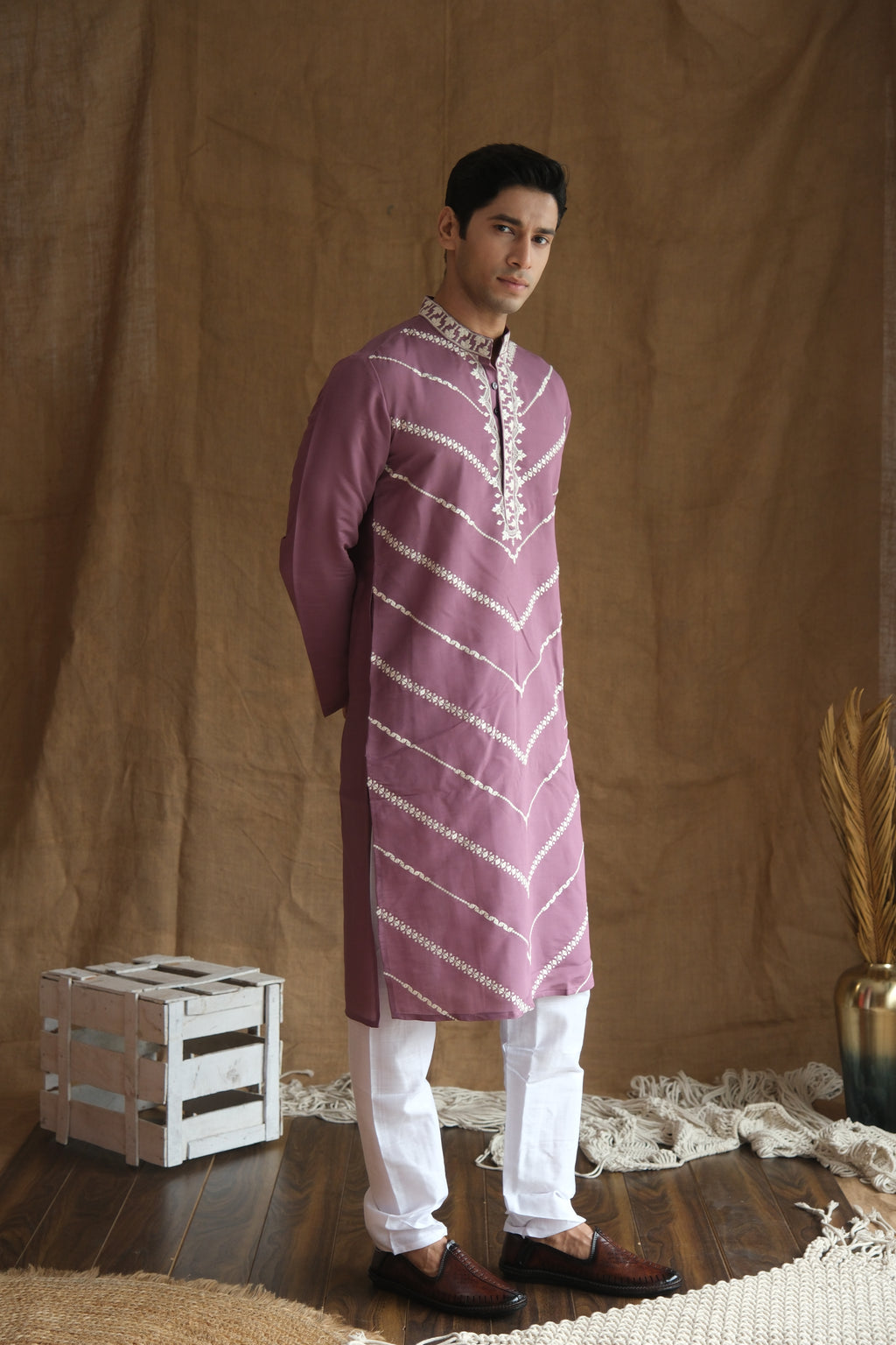 Men's Lavender Leheriya Embroidered Sequined Cotton Silk Kurta