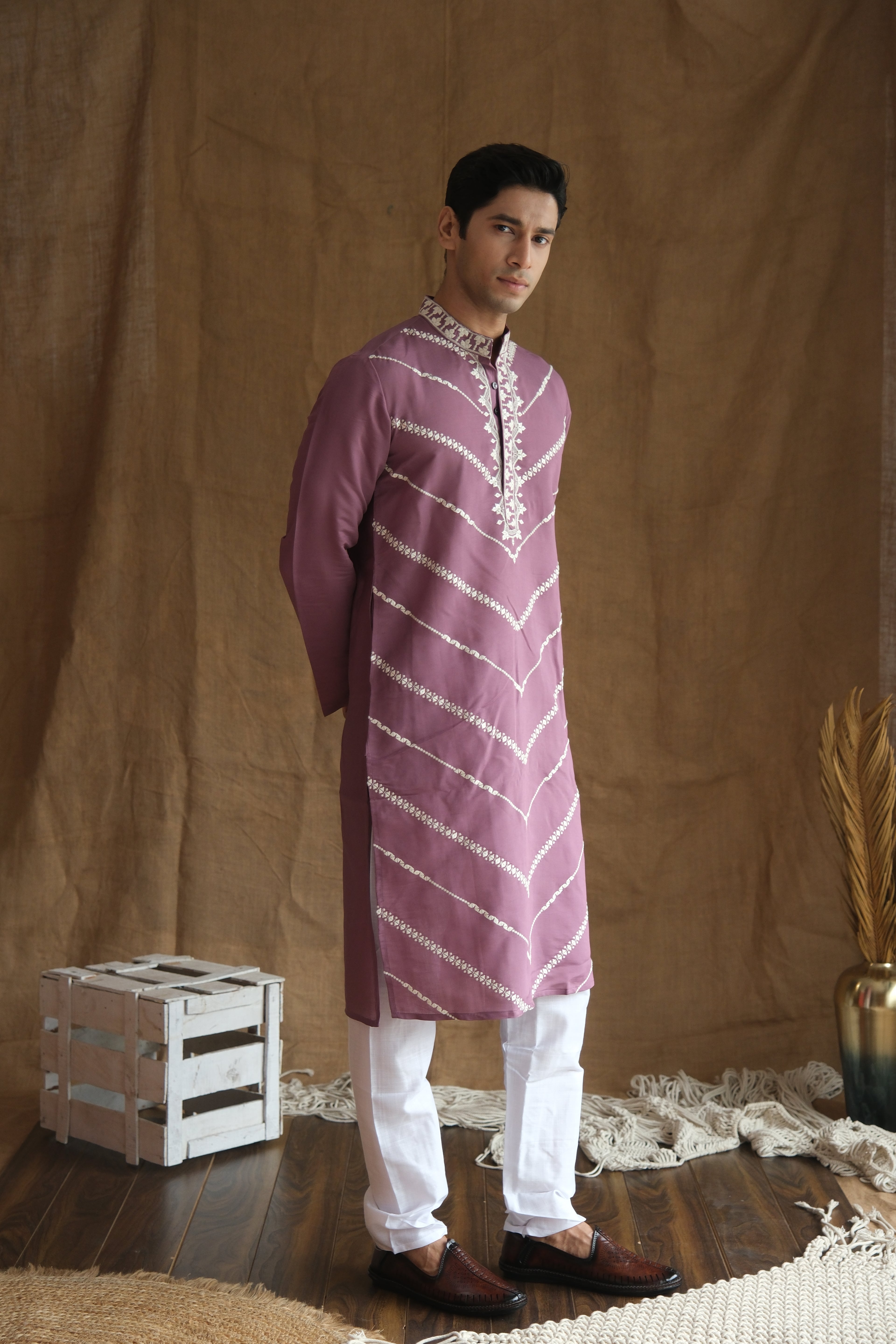 Men's Lavender Leheriya Embroidered Sequined Cotton Silk Kurta