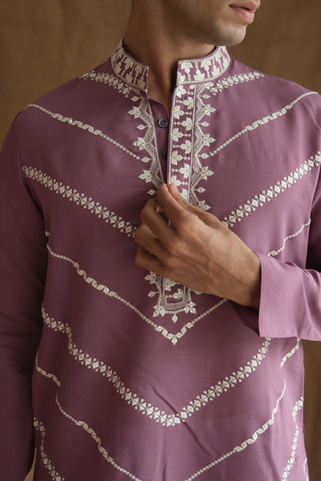 Men's Lavender Leheriya Embroidered Sequined Cotton Silk Kurta