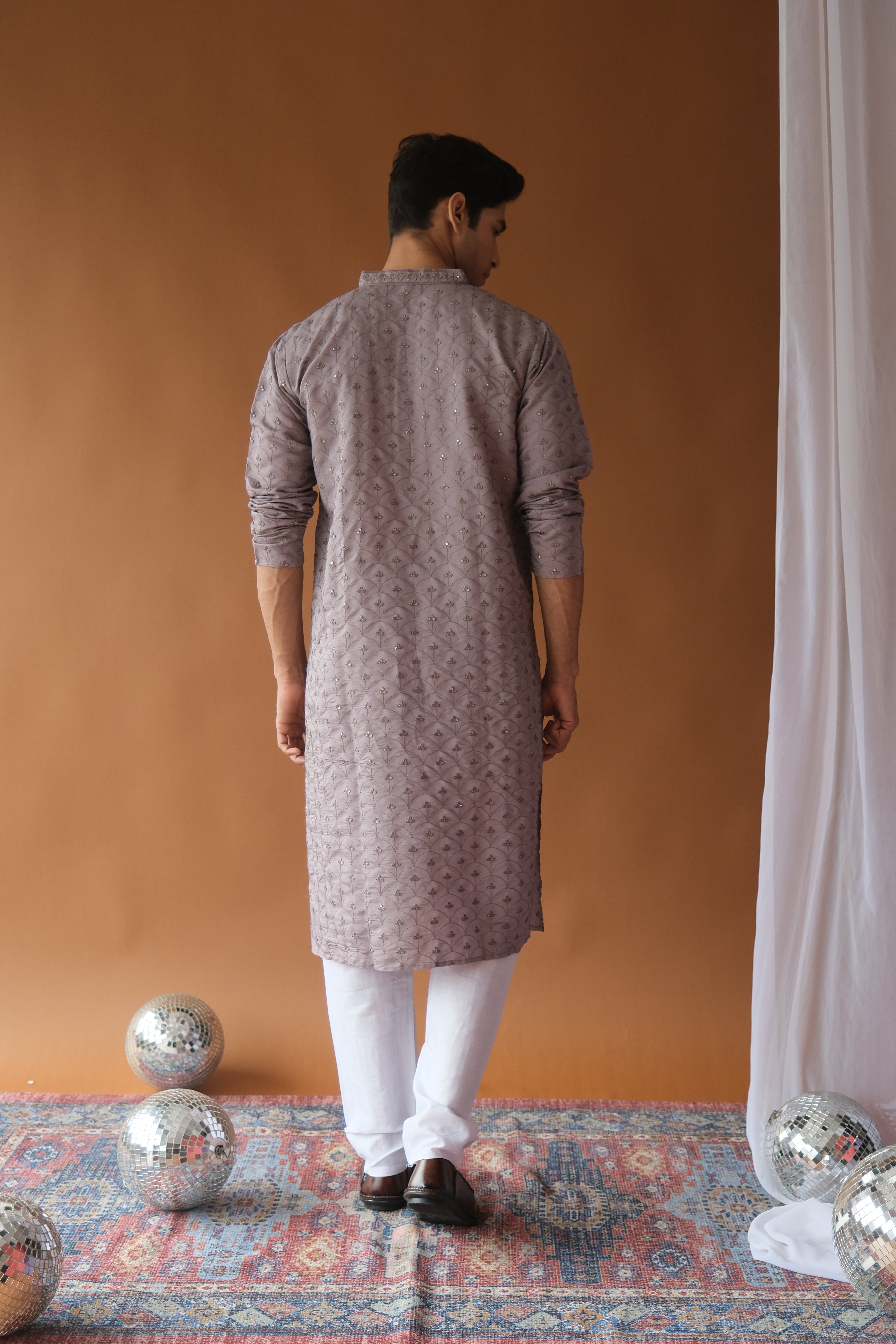 Dusty Lavender Embroidered Sequined Cotton Silk Kurta For Men