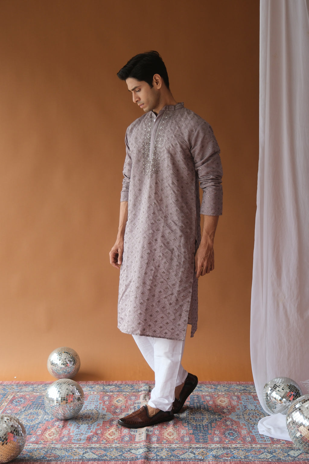 Dusty Lavender Embroidered Sequined Cotton Silk Kurta For Men