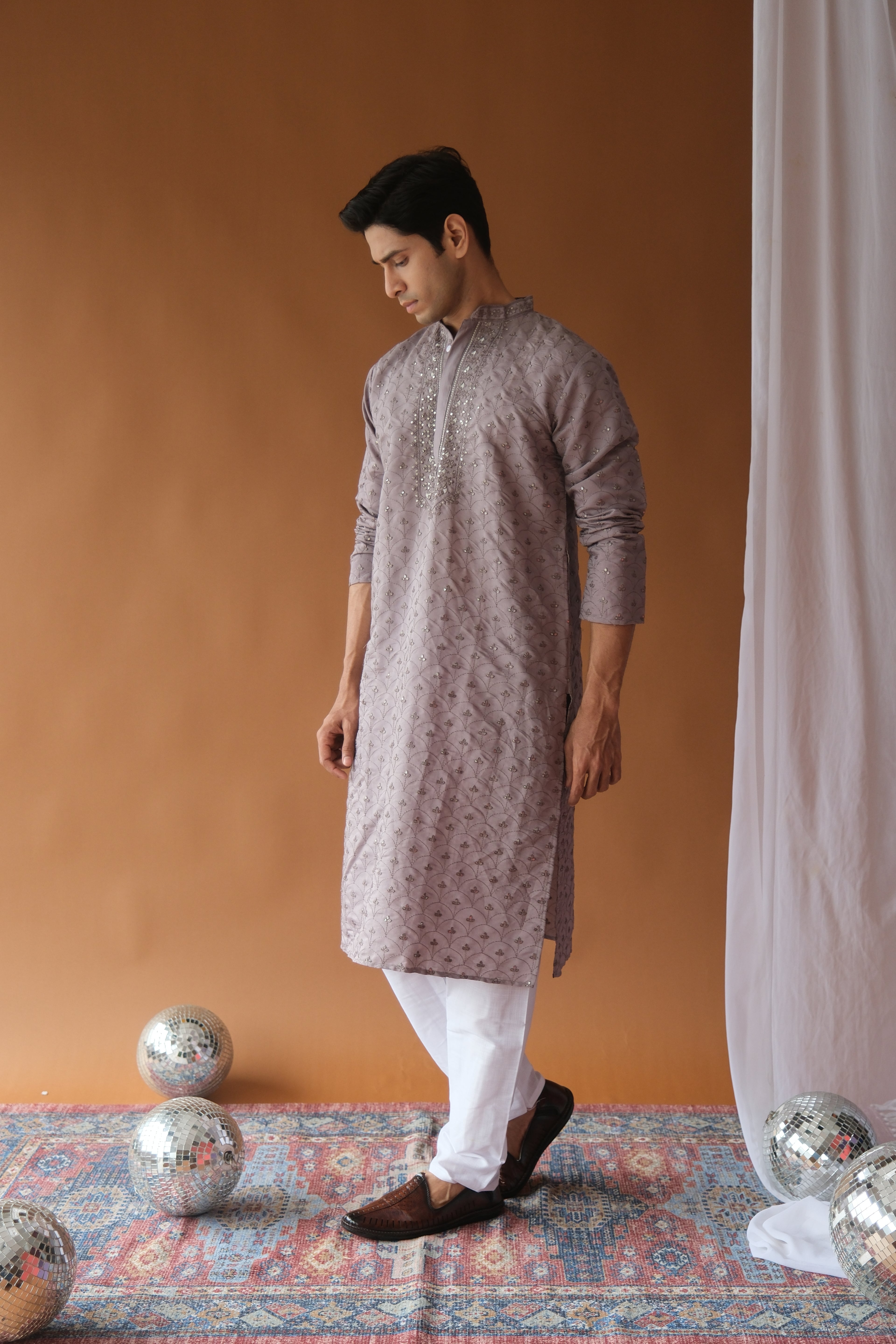 Dusty Lavender Embroidered Sequined Cotton Silk Kurta For Men