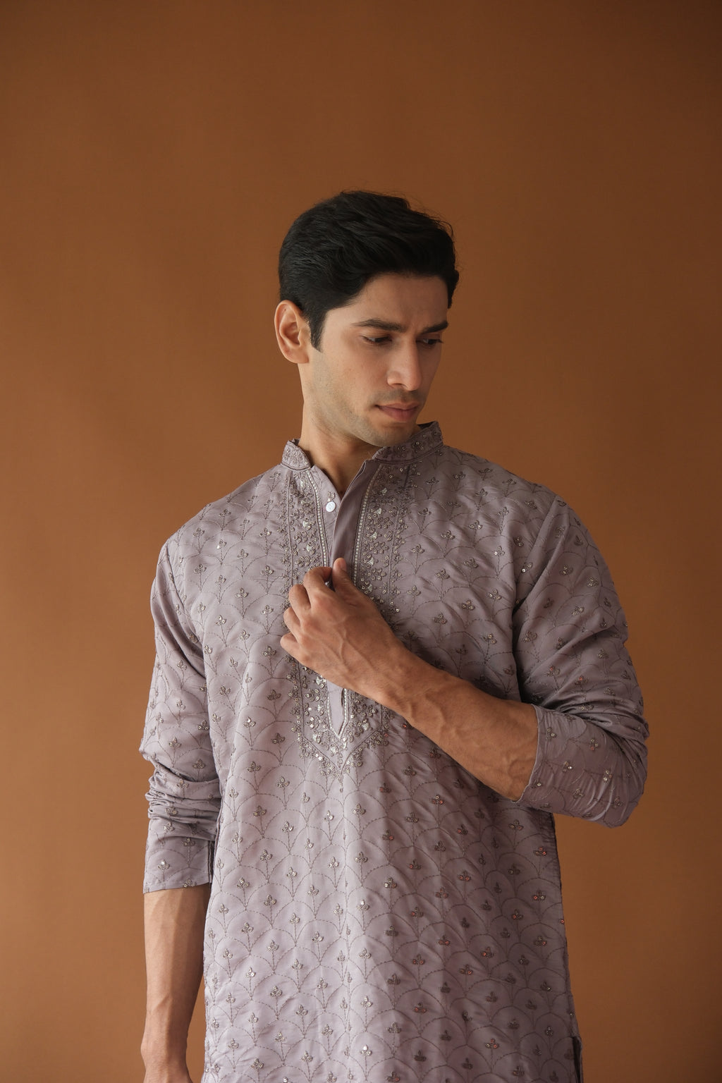 Dusty Lavender Embroidered Sequined Cotton Silk Kurta For Men