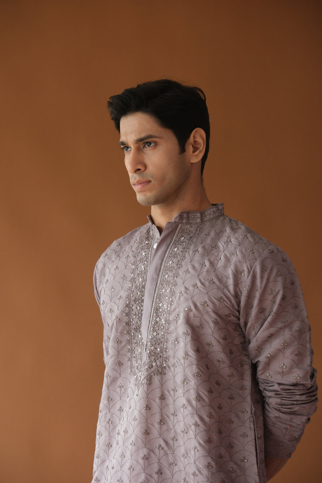 Dusty Lavender Embroidered Sequined Cotton Silk Kurta For Men