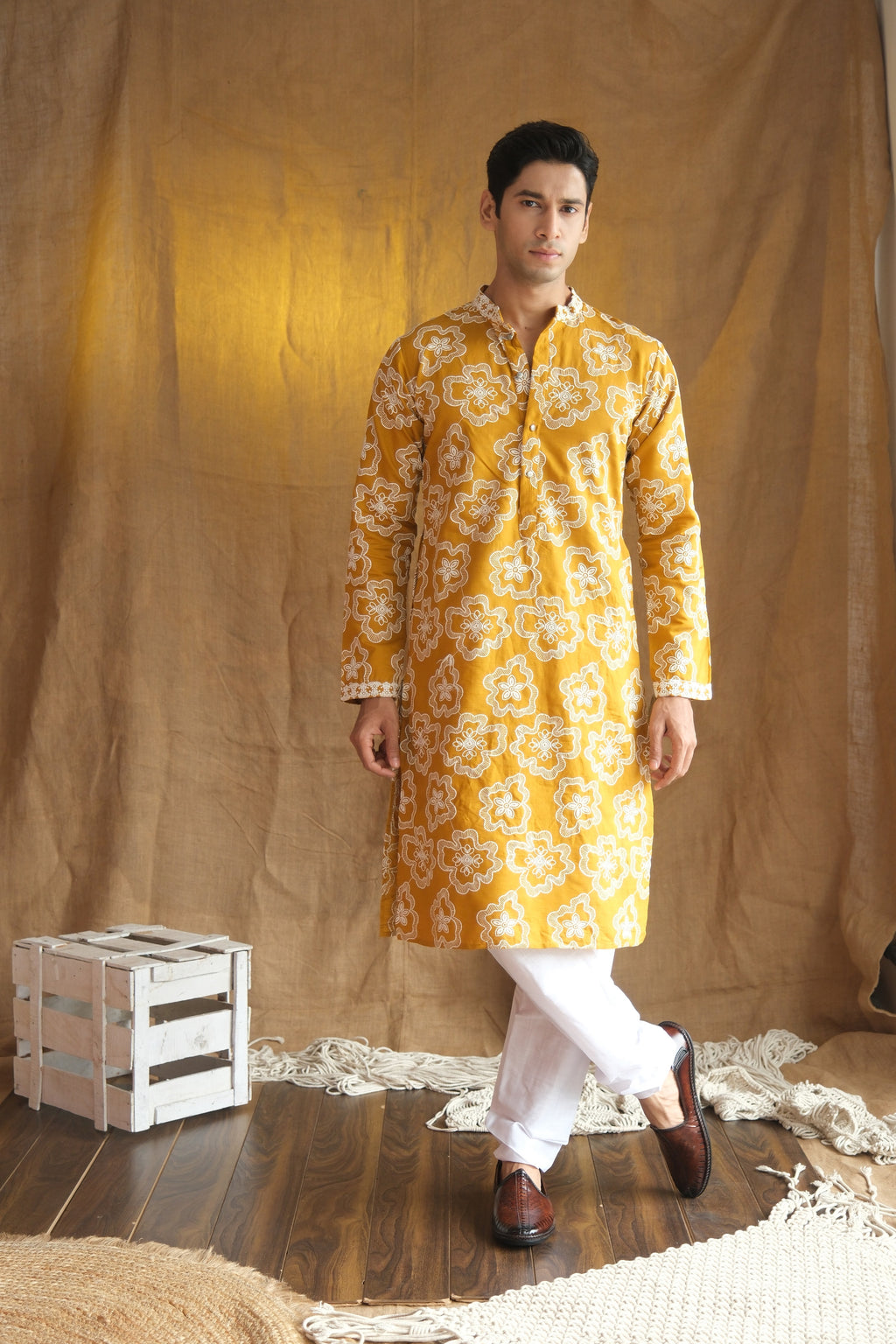 Men's Mustard Floral Embroidered Cotton Silk Kurta