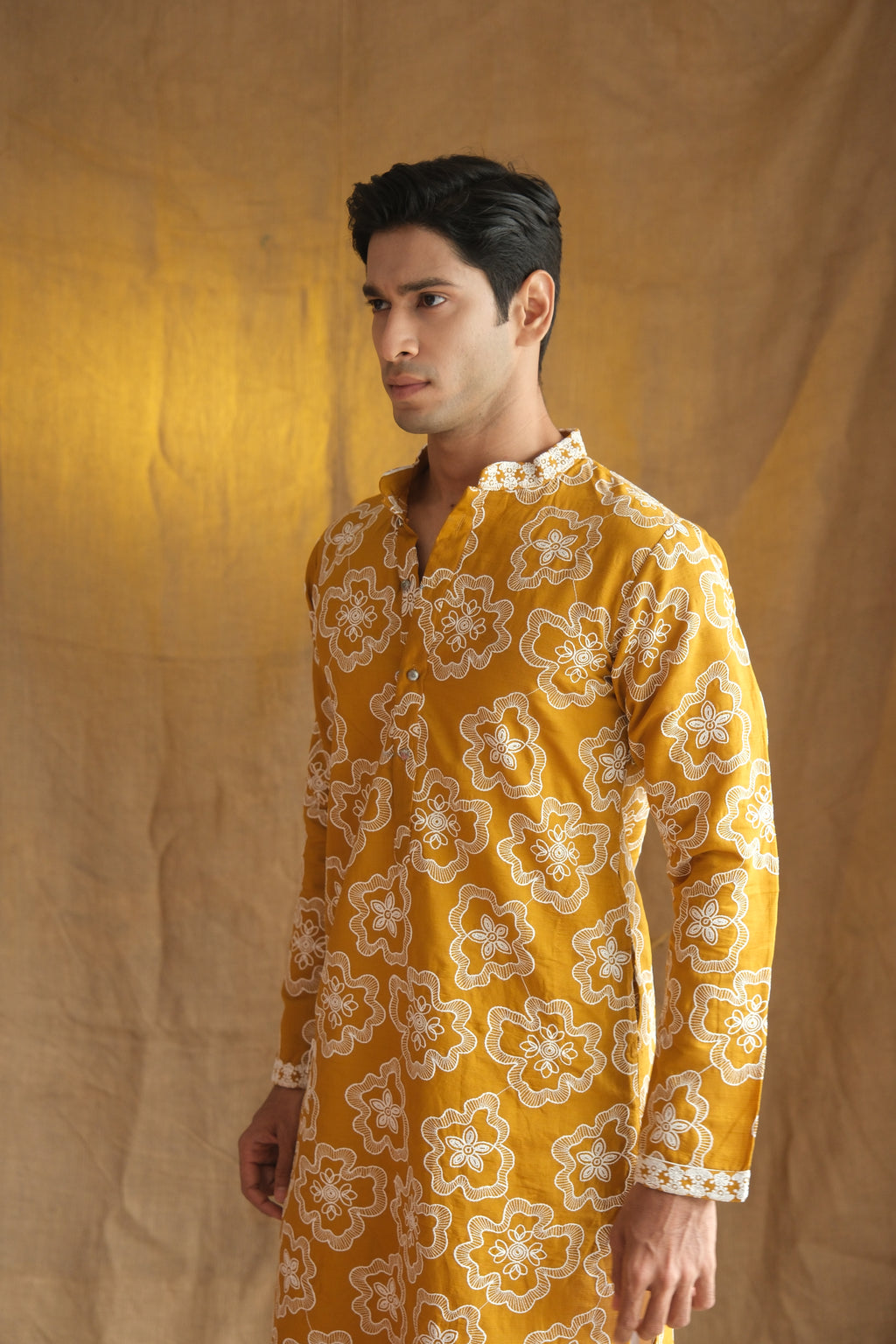 Men's Mustard Floral Embroidered Cotton Silk Kurta