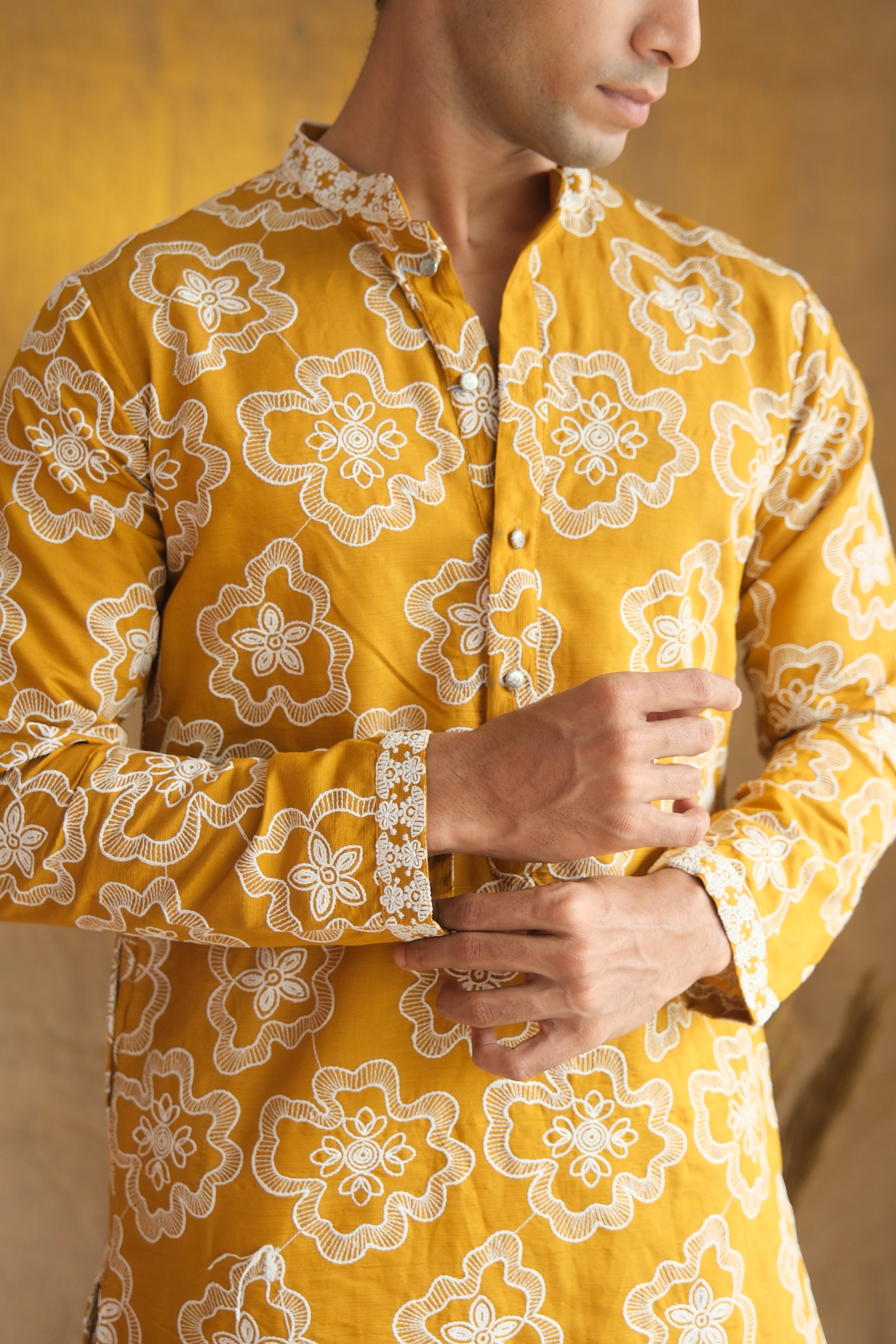 Men's Mustard Floral Embroidered Cotton Silk Kurta