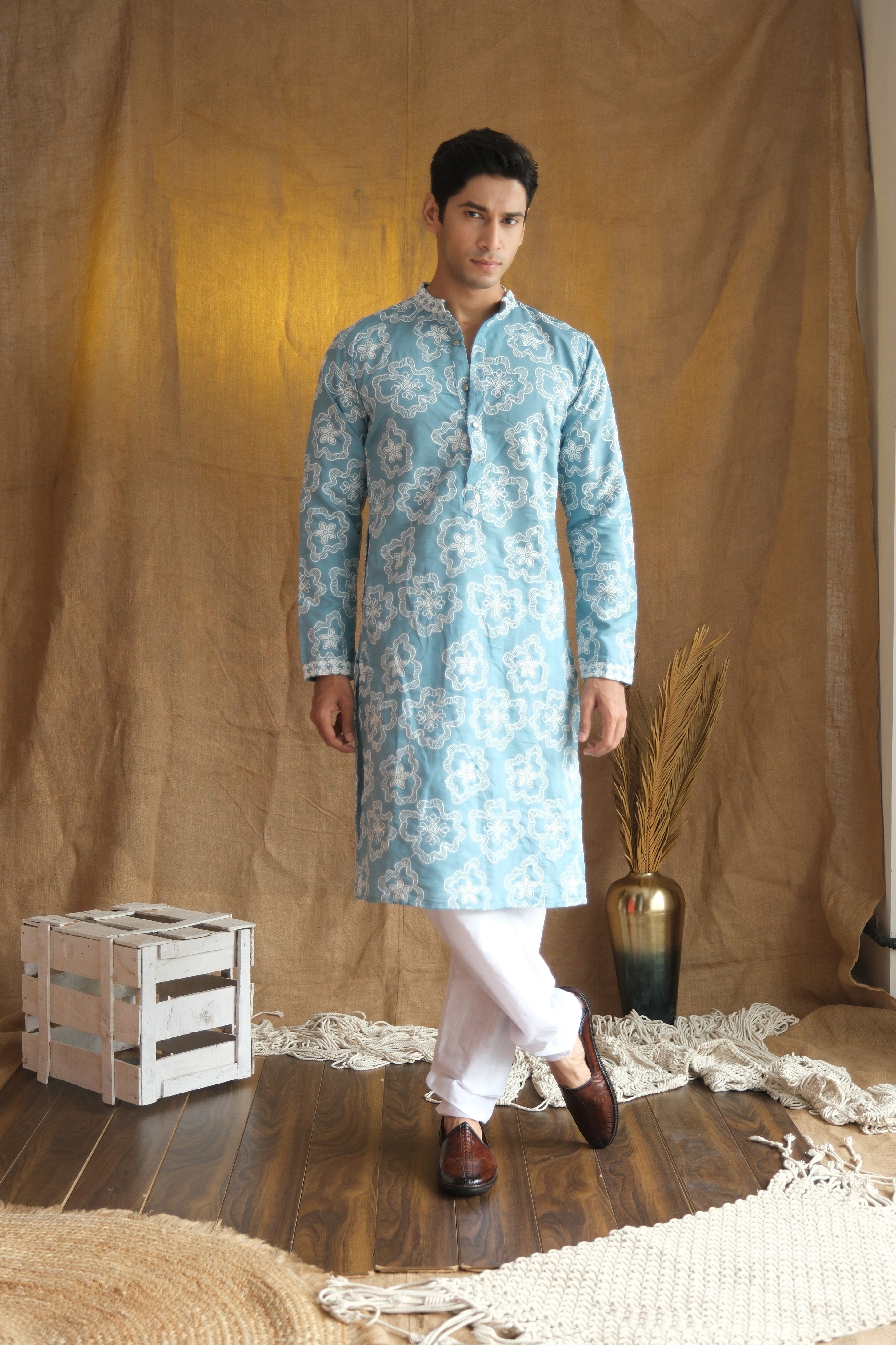 Men's Sky Blue Floral Embroidered Cotton Silk Kurta