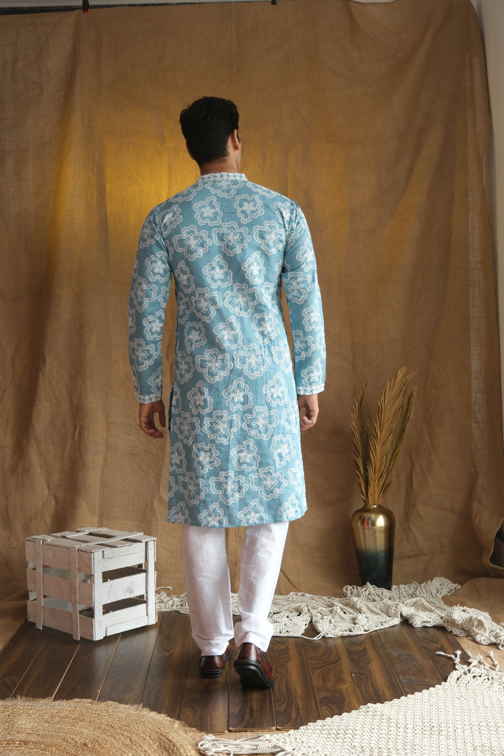 Men's Sky Blue Floral Embroidered Cotton Silk Kurta