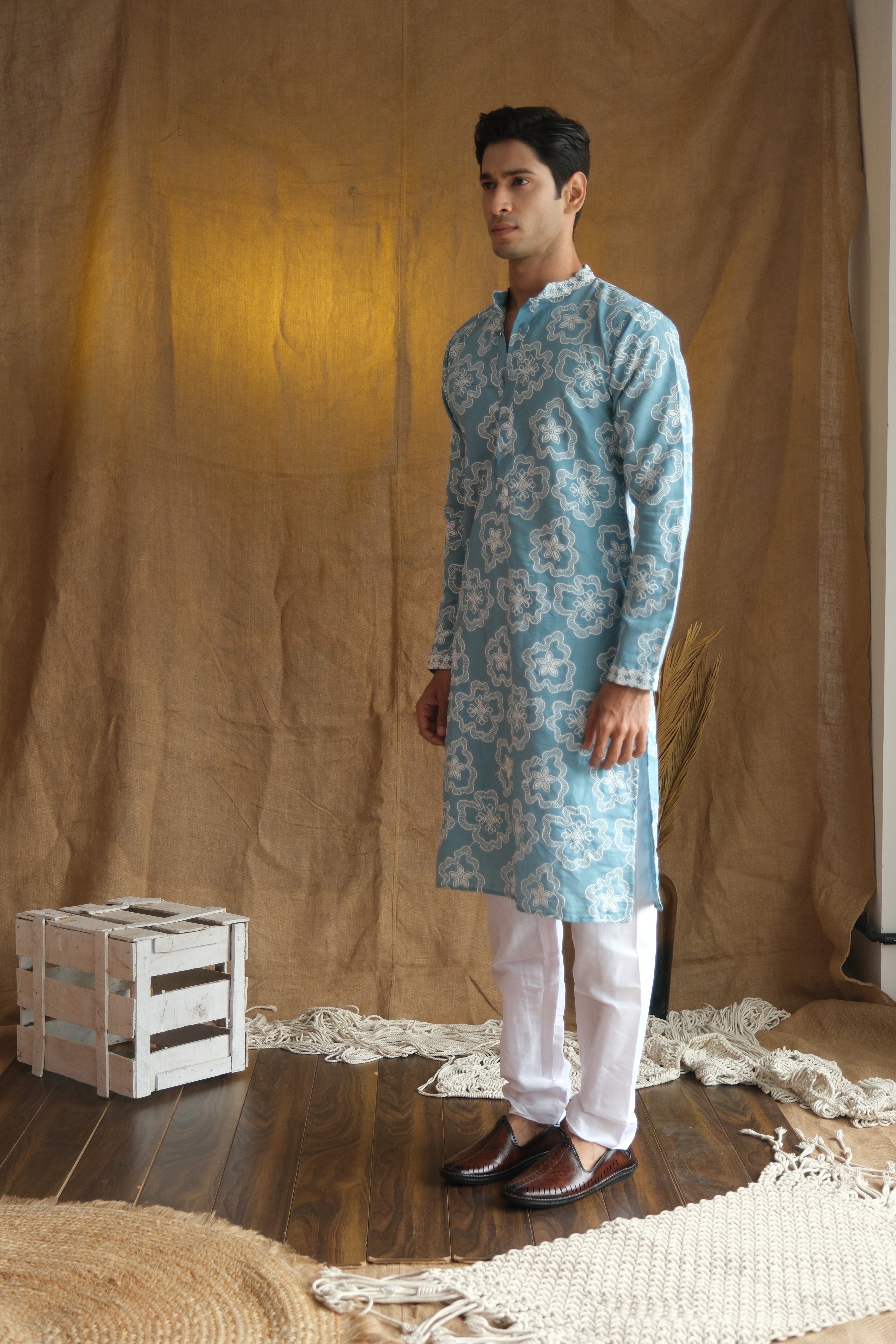 Men's Sky Blue Floral Embroidered Cotton Silk Kurta