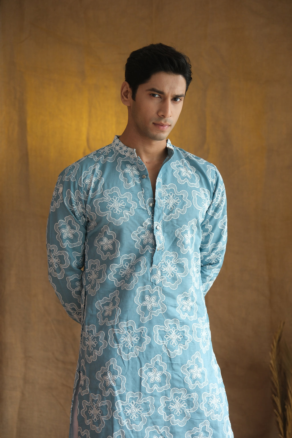 Men's Sky Blue Floral Embroidered Cotton Silk Kurta