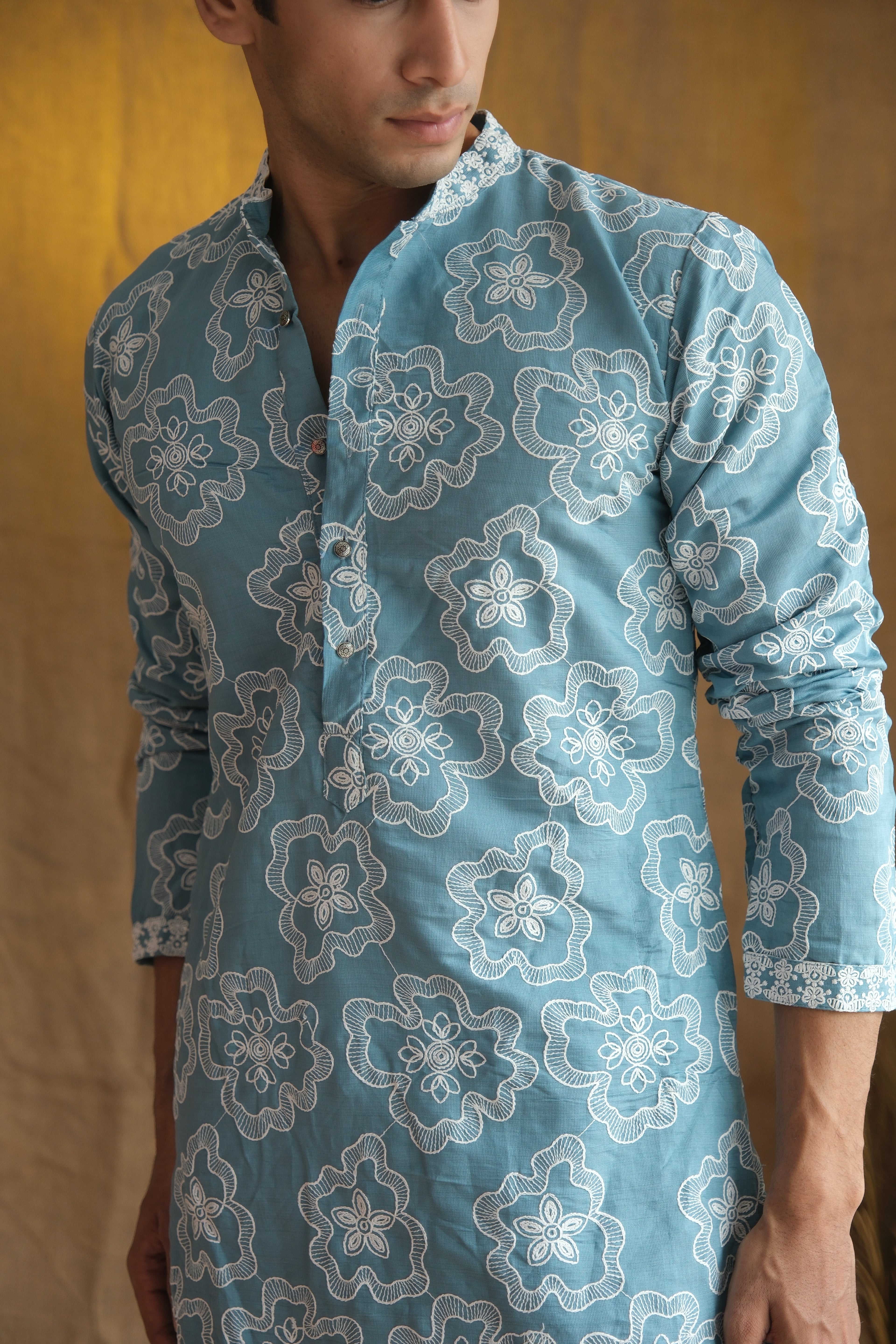 Men's Sky Blue Floral Embroidered Cotton Silk Kurta