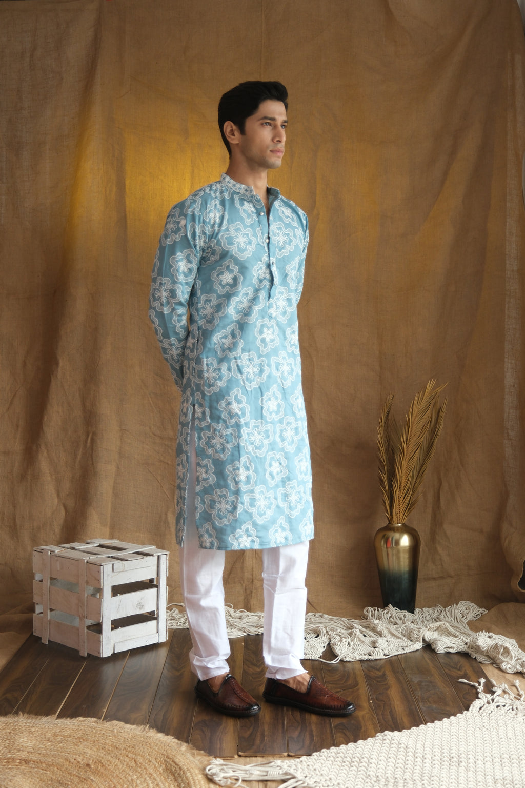 Men's Sky Blue Floral Embroidered Cotton Silk Kurta