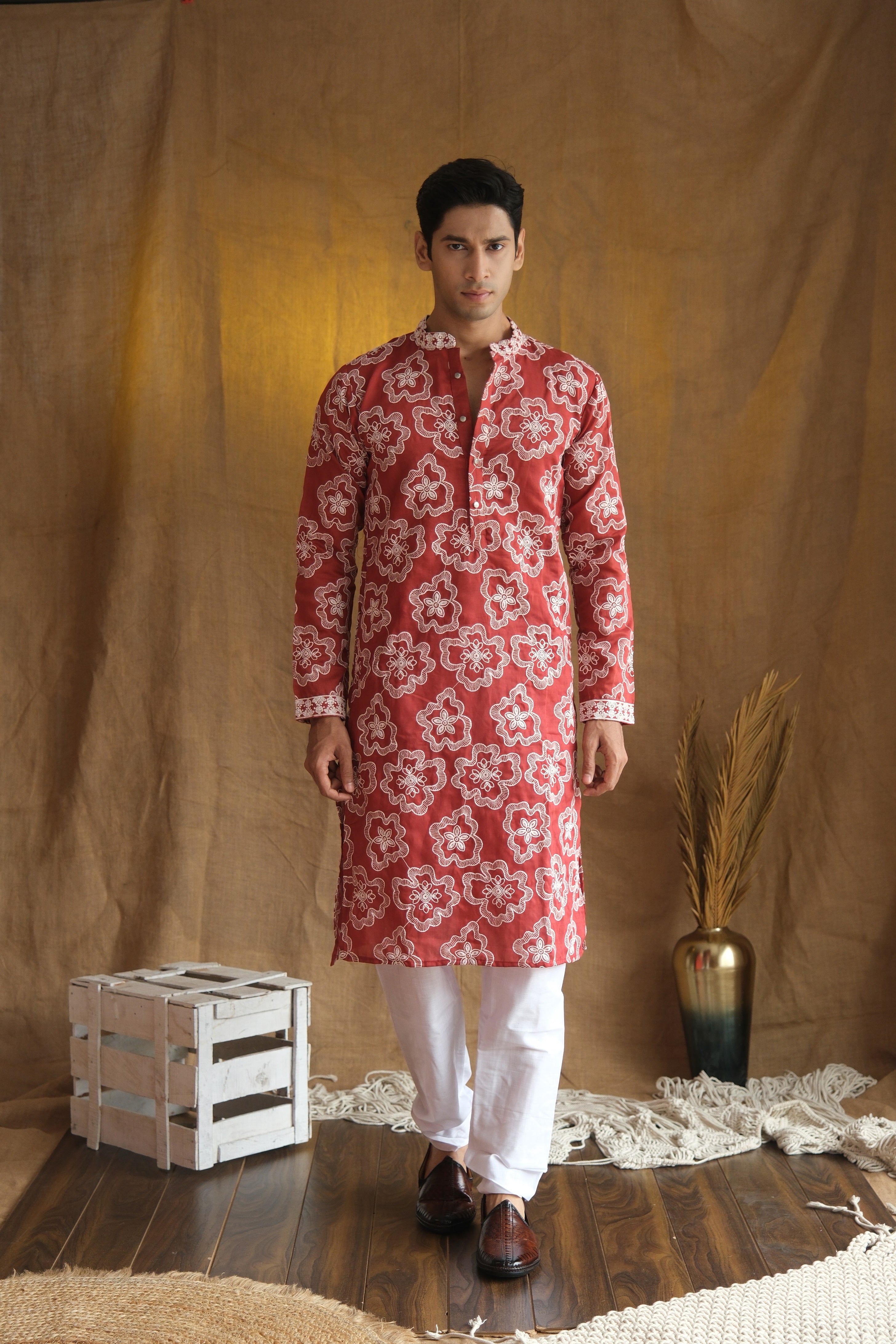Men's Cherry Red Floral Embroidered Cotton Silk Kurta