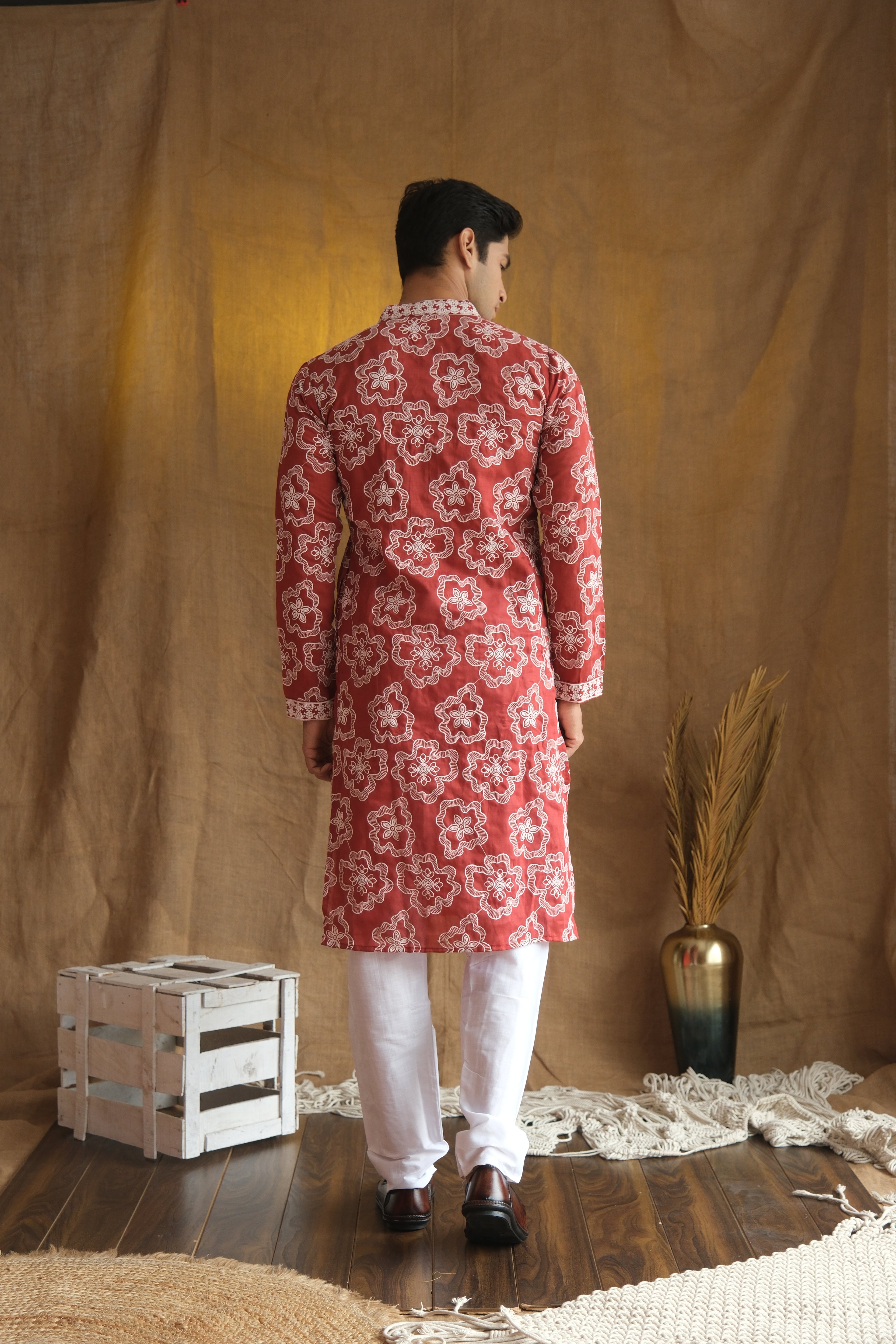 Men's Cherry Red Floral Embroidered Cotton Silk Kurta