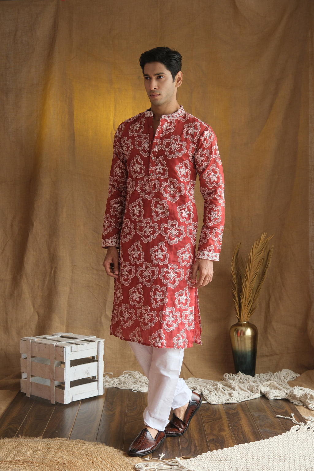 Men's Cherry Red Floral Embroidered Cotton Silk Kurta