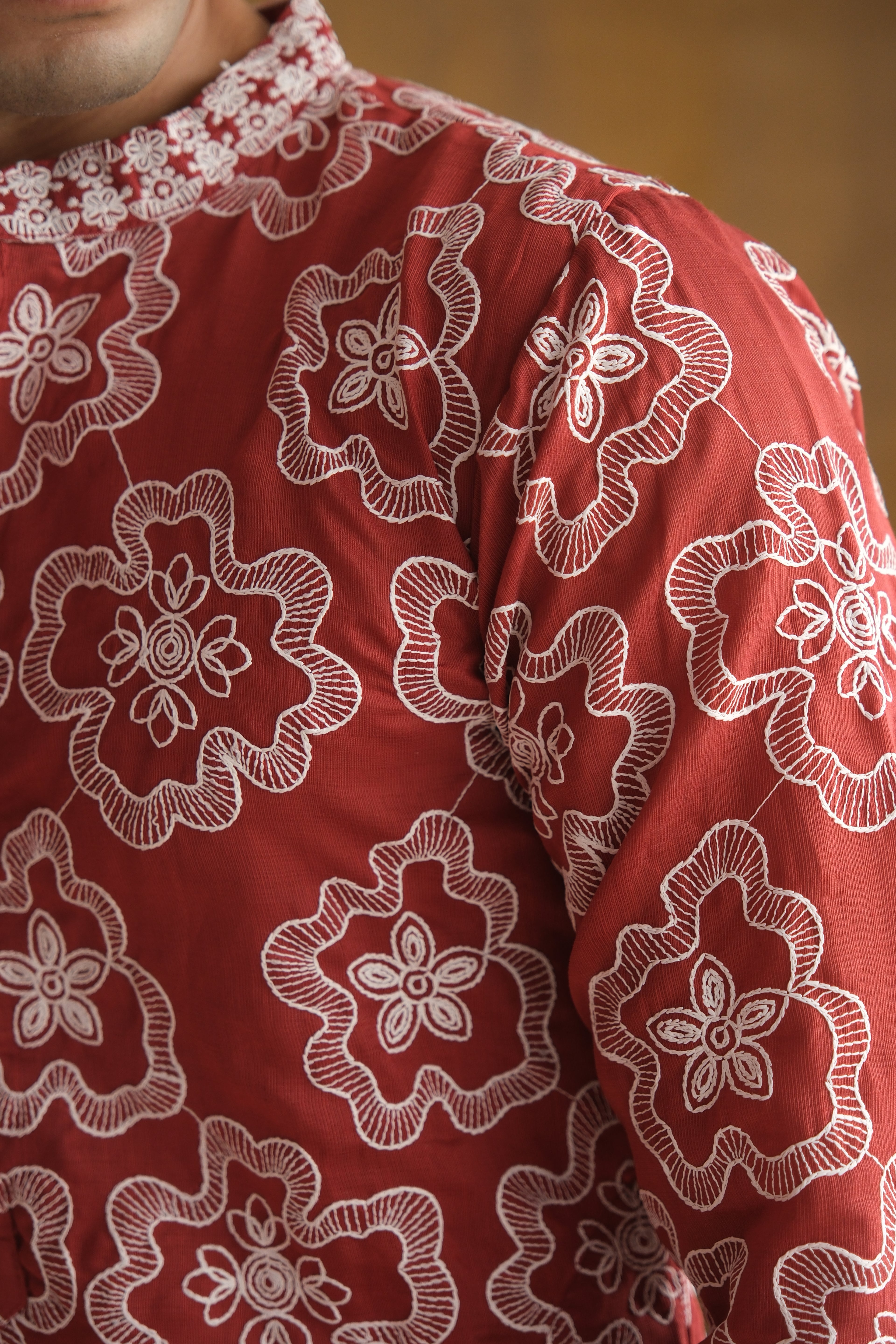 Men's Cherry Red Floral Embroidered Cotton Silk Kurta