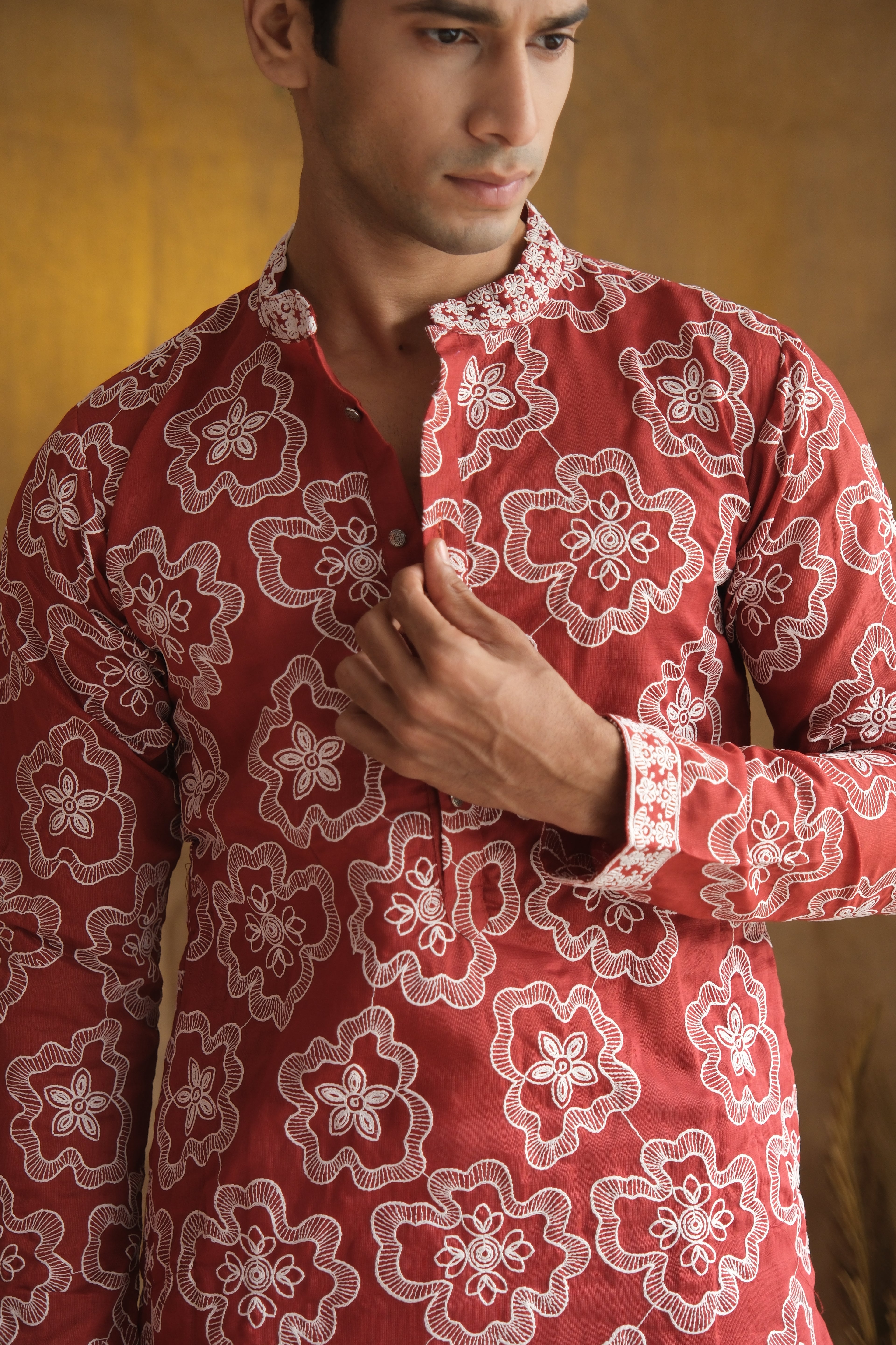 Men's Cherry Red Floral Embroidered Cotton Silk Kurta