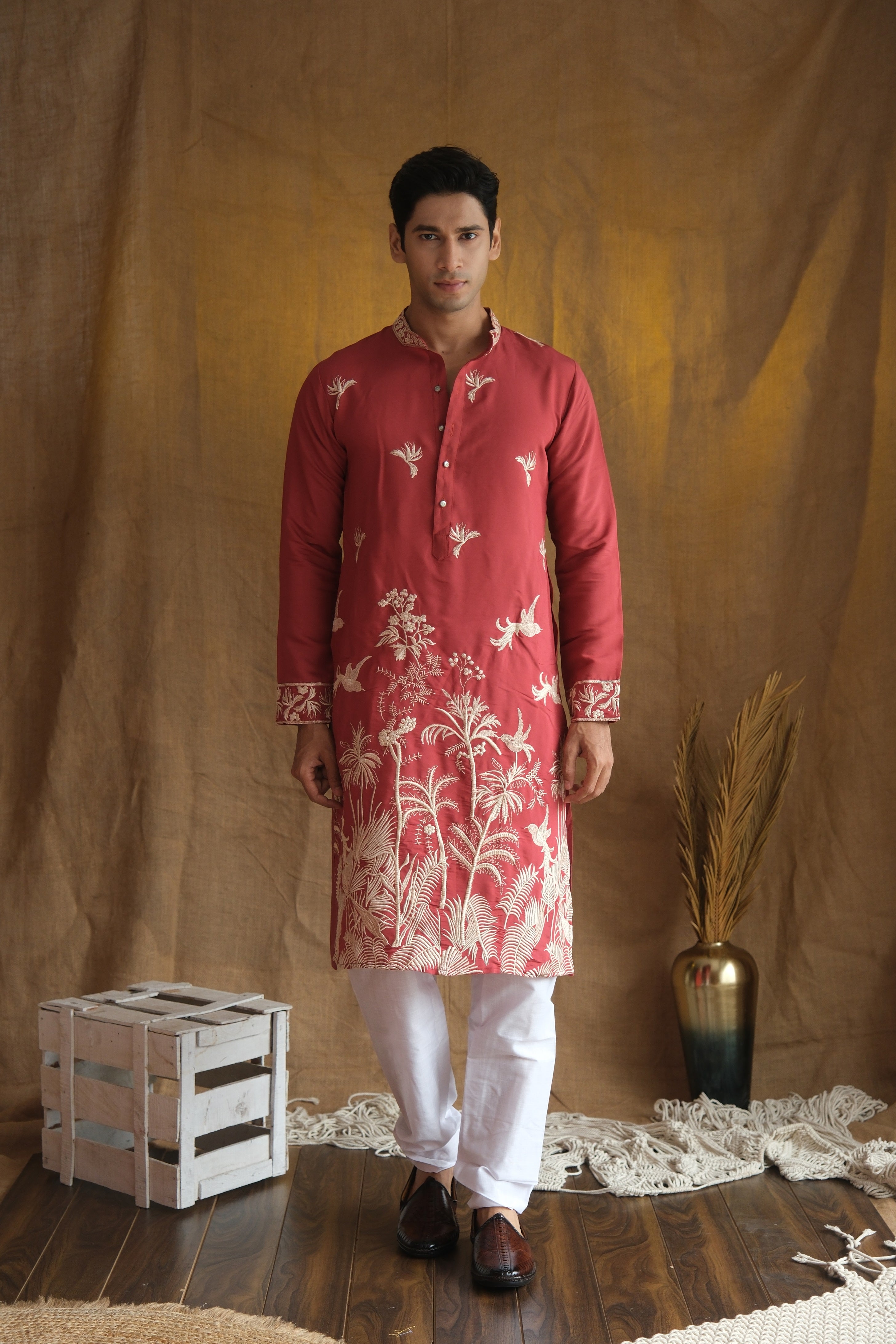 Men's Rust Red Floral Embroidered Cotton Silk Kurta