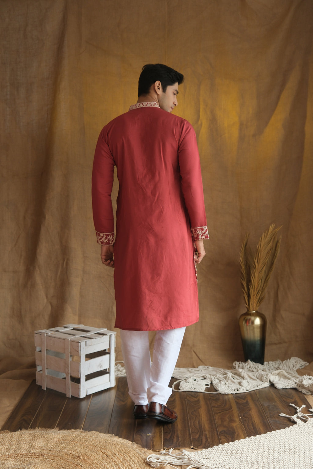 Men's Rust Red Floral Embroidered Cotton Silk Kurta