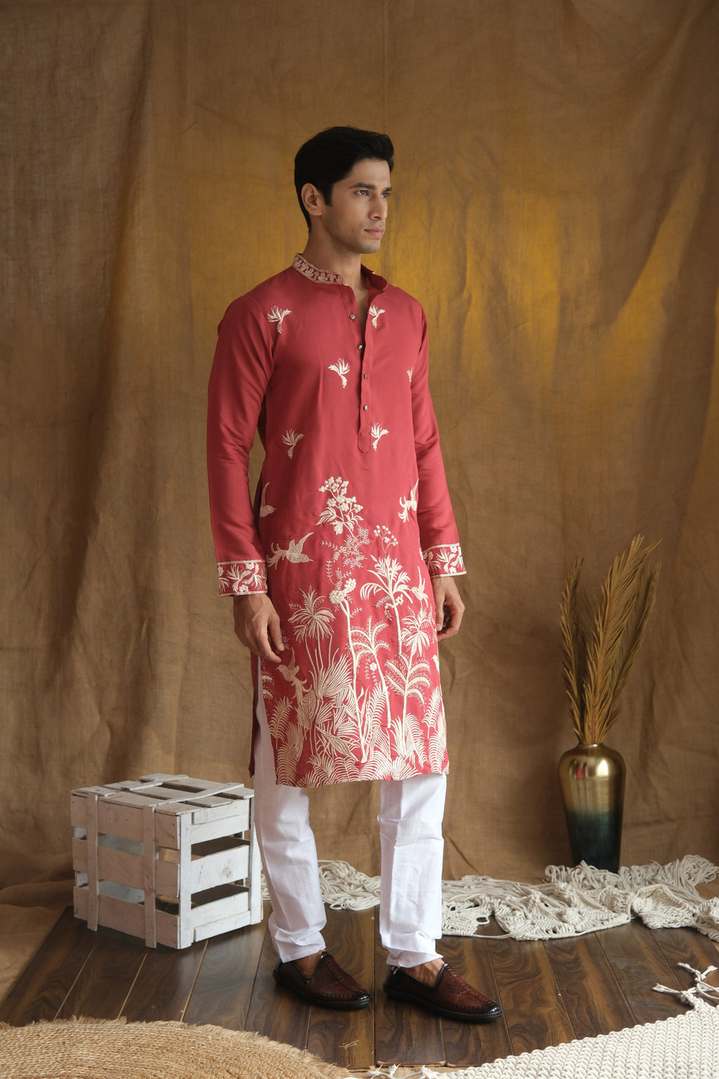 Men's Rust Red Floral Embroidered Cotton Silk Kurta