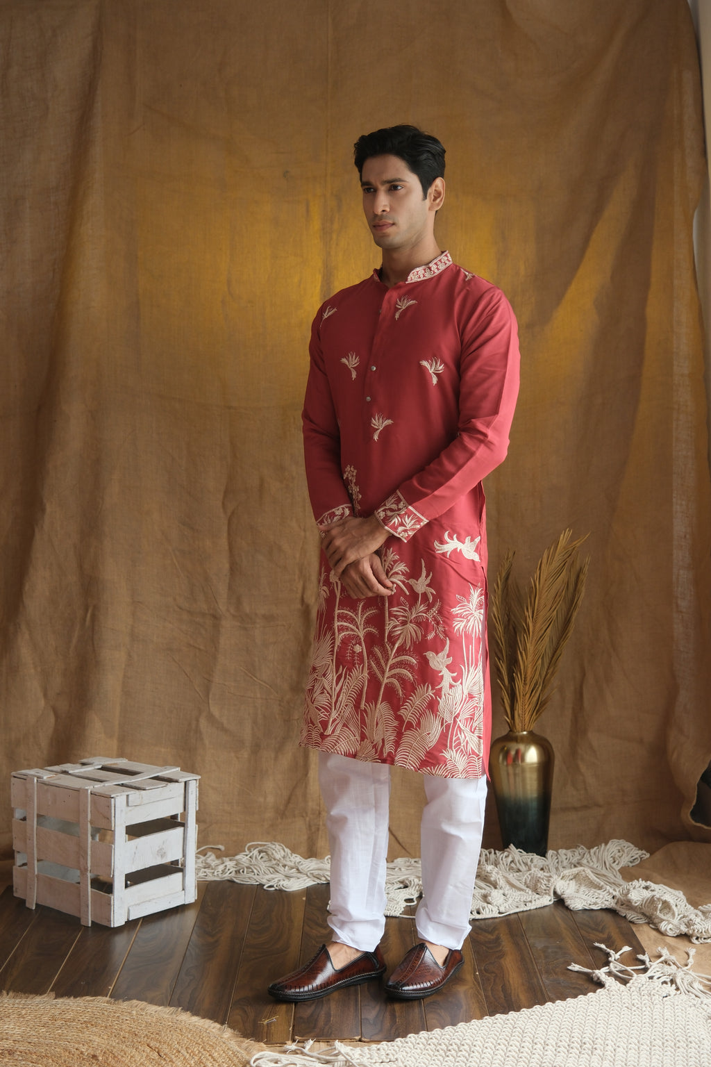 Men's Rust Red Floral Embroidered Cotton Silk Kurta