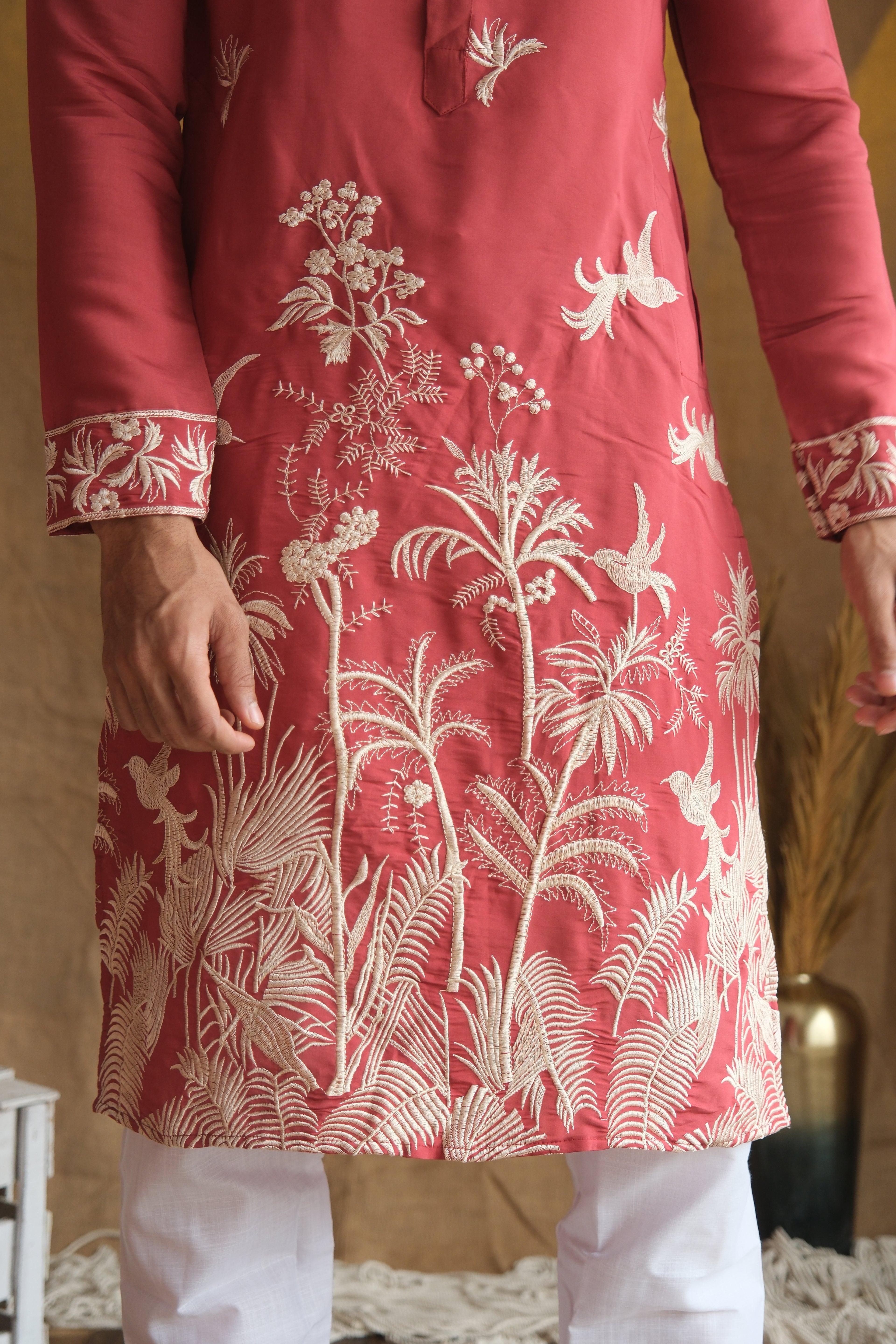 Men's Rust Red Floral Embroidered Cotton Silk Kurta