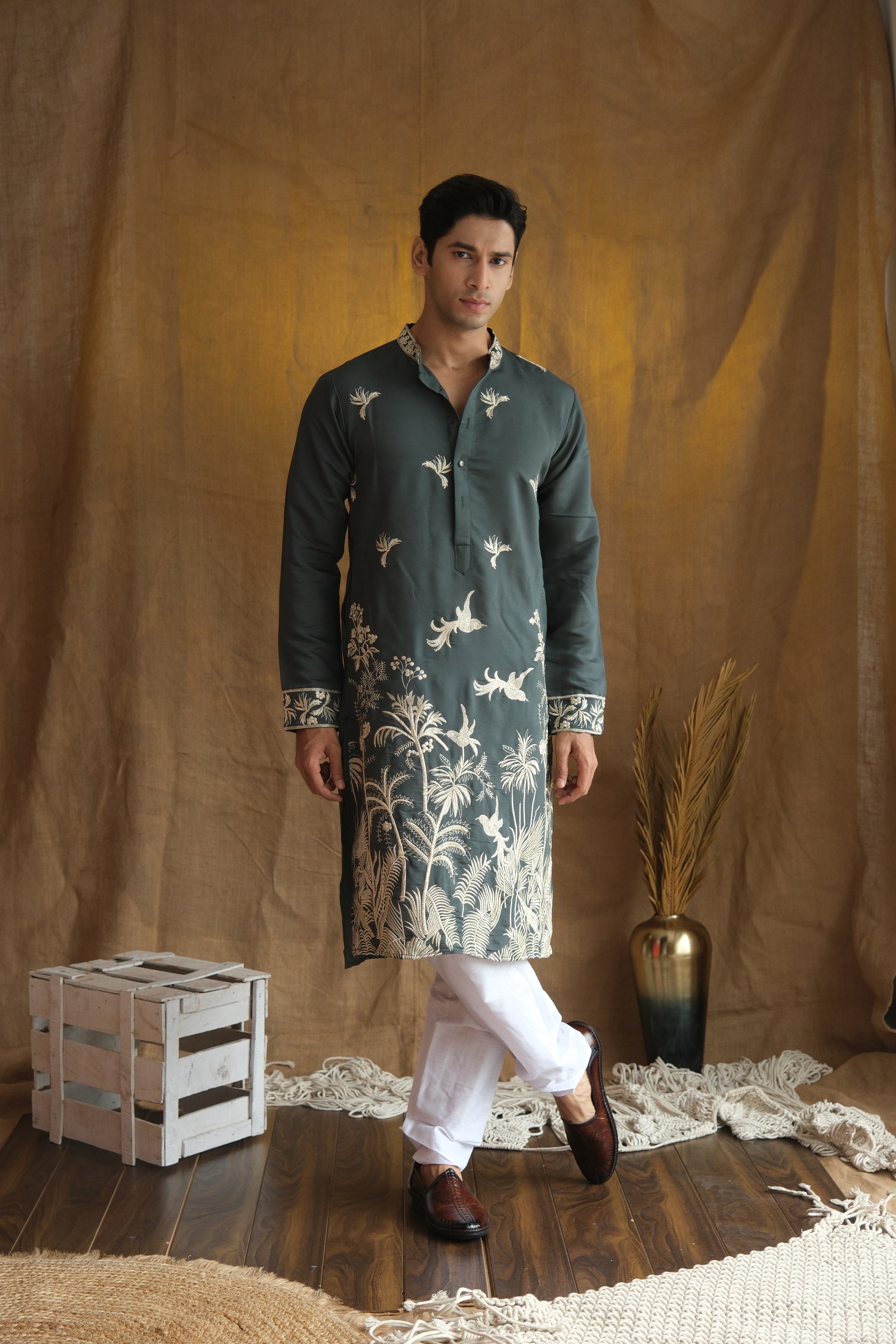 Men's Rust Green Floral Embroidered Cotton Silk Kurta